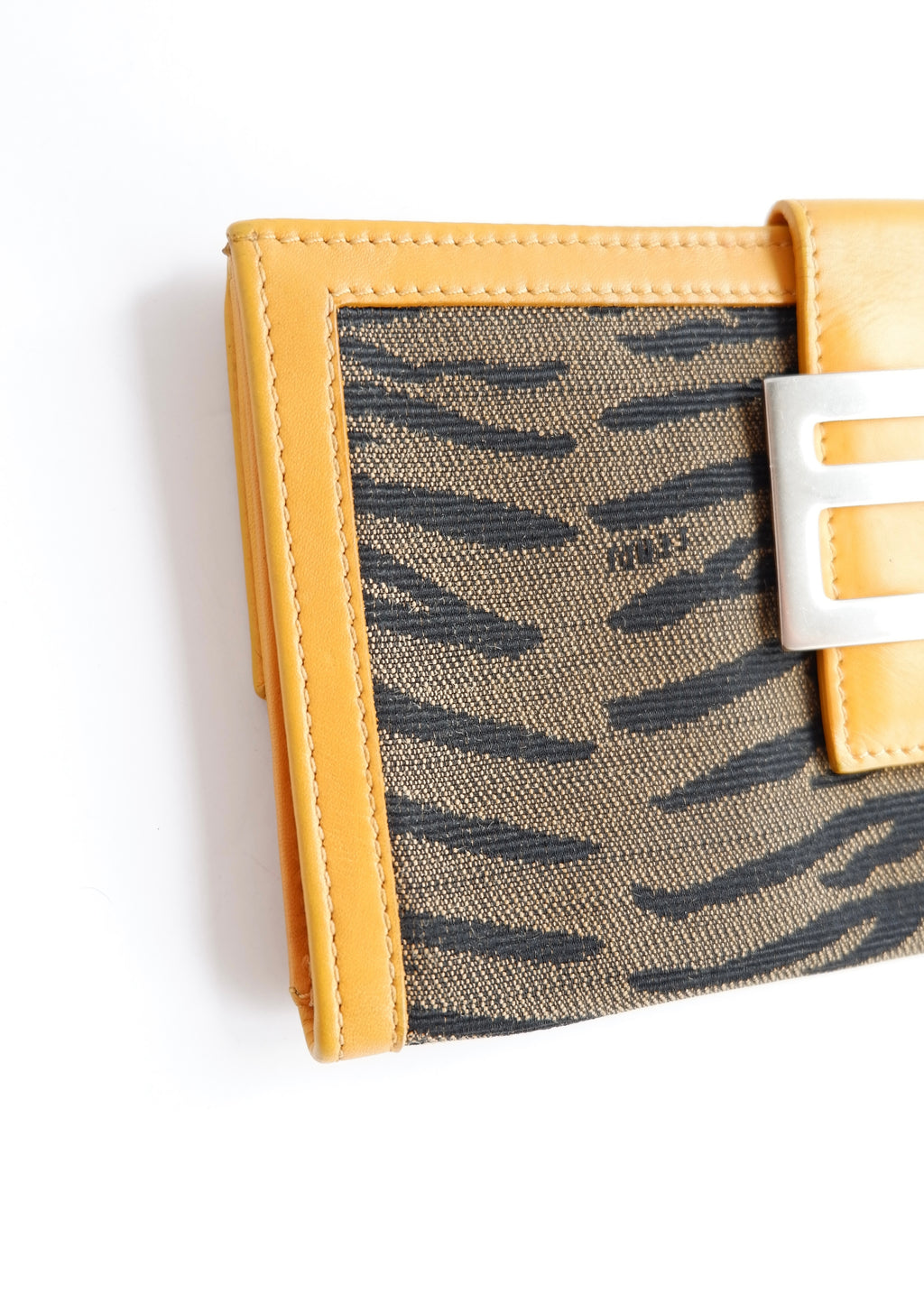 Preowned Vintage Fendi Yellow Leather Animal Print Canvas Long Wallet