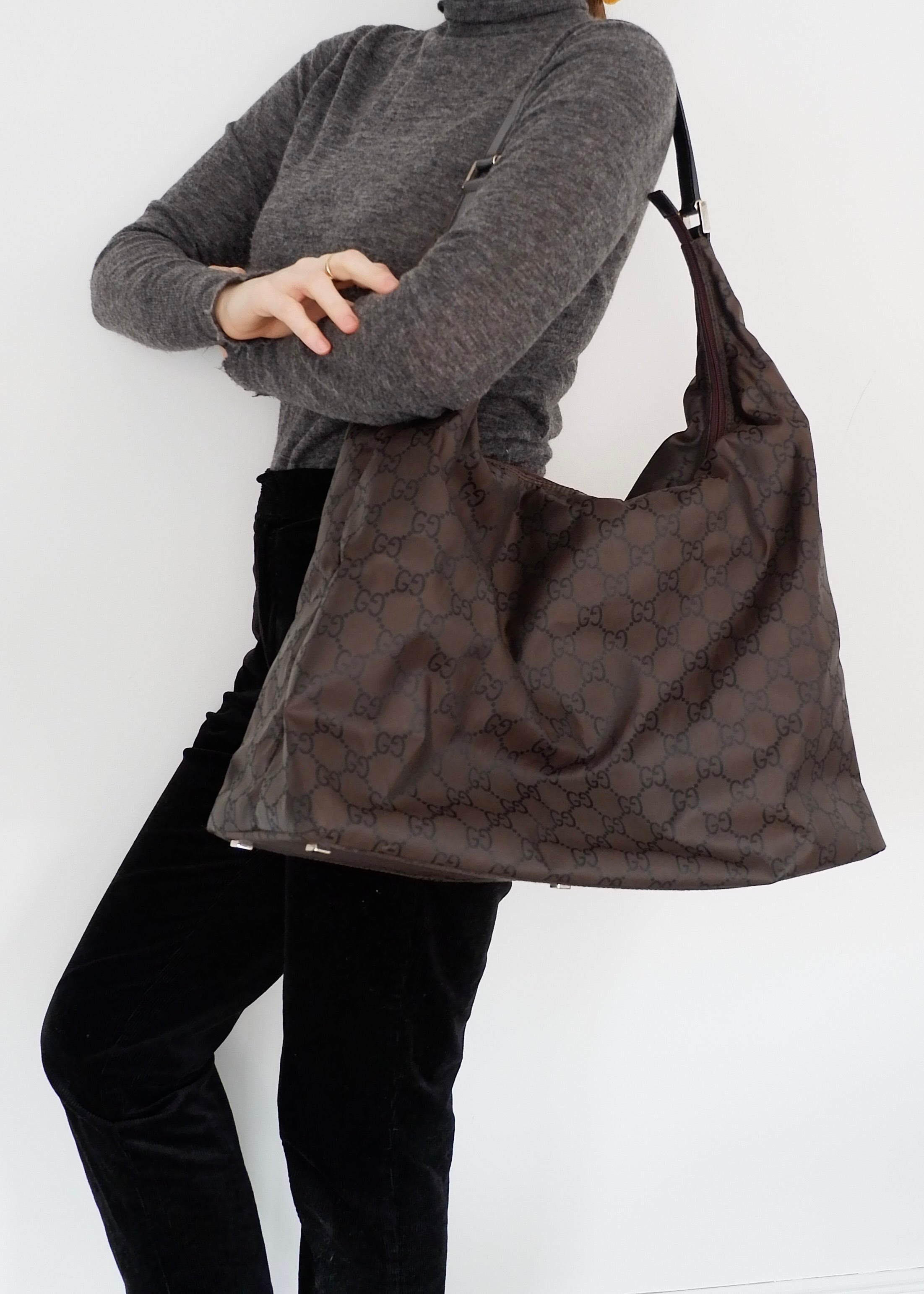 Authentic Preowned Gucci Brown GG Nylon Extra Large Hobo Bag