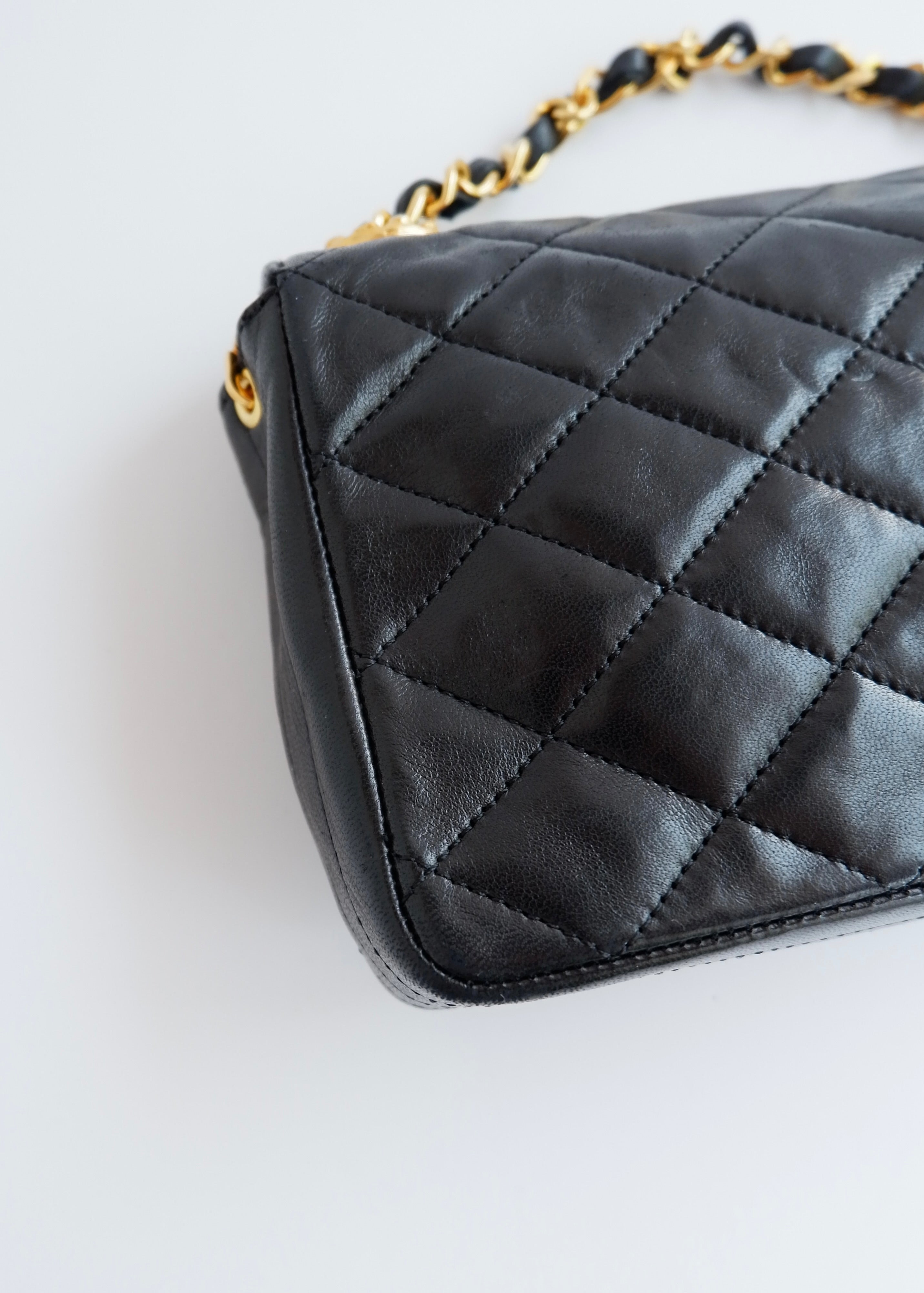 Authentic Preowned Vintage Chanel Black Lambskin Quilted Single Flap Crystal CC Logo Bag GHW