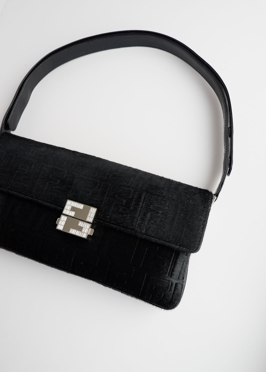 Authentic Preowned Rare Vintage Fendi Black Zucca Pony Hair/ Crystal Logo Shoulder Bag