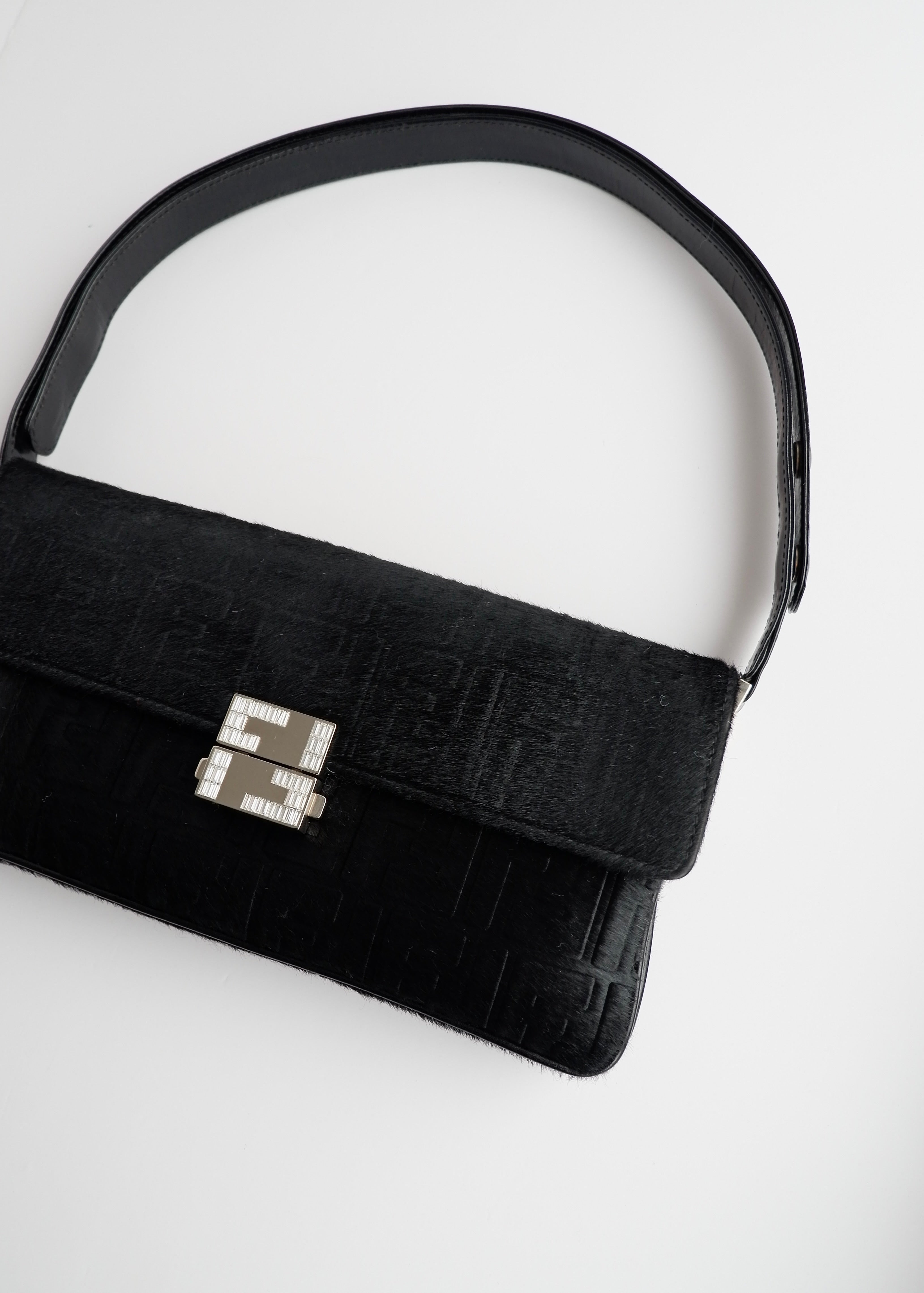 Authentic Preowned Rare Vintage Fendi Black Zucca Pony Hair/ Crystal Logo Shoulder Bag