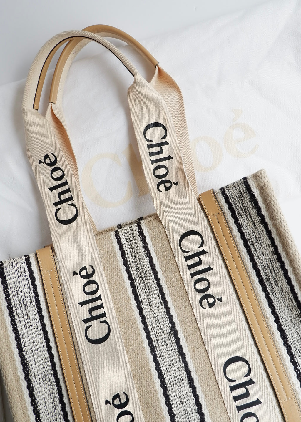 Authentic Preowned Chloe Beige/Black Striped Canvas Medium Woody Tote Bag