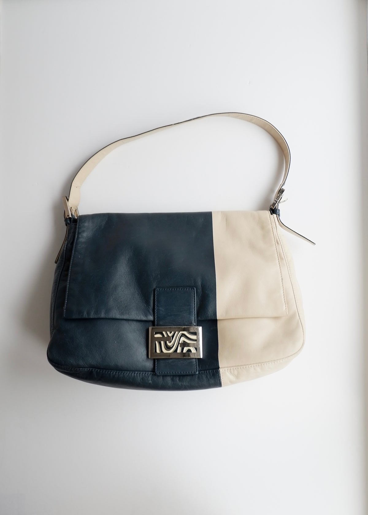 Preowned Fendi Blue/ Beige Leather Mamma Baguette Shoulder Bag