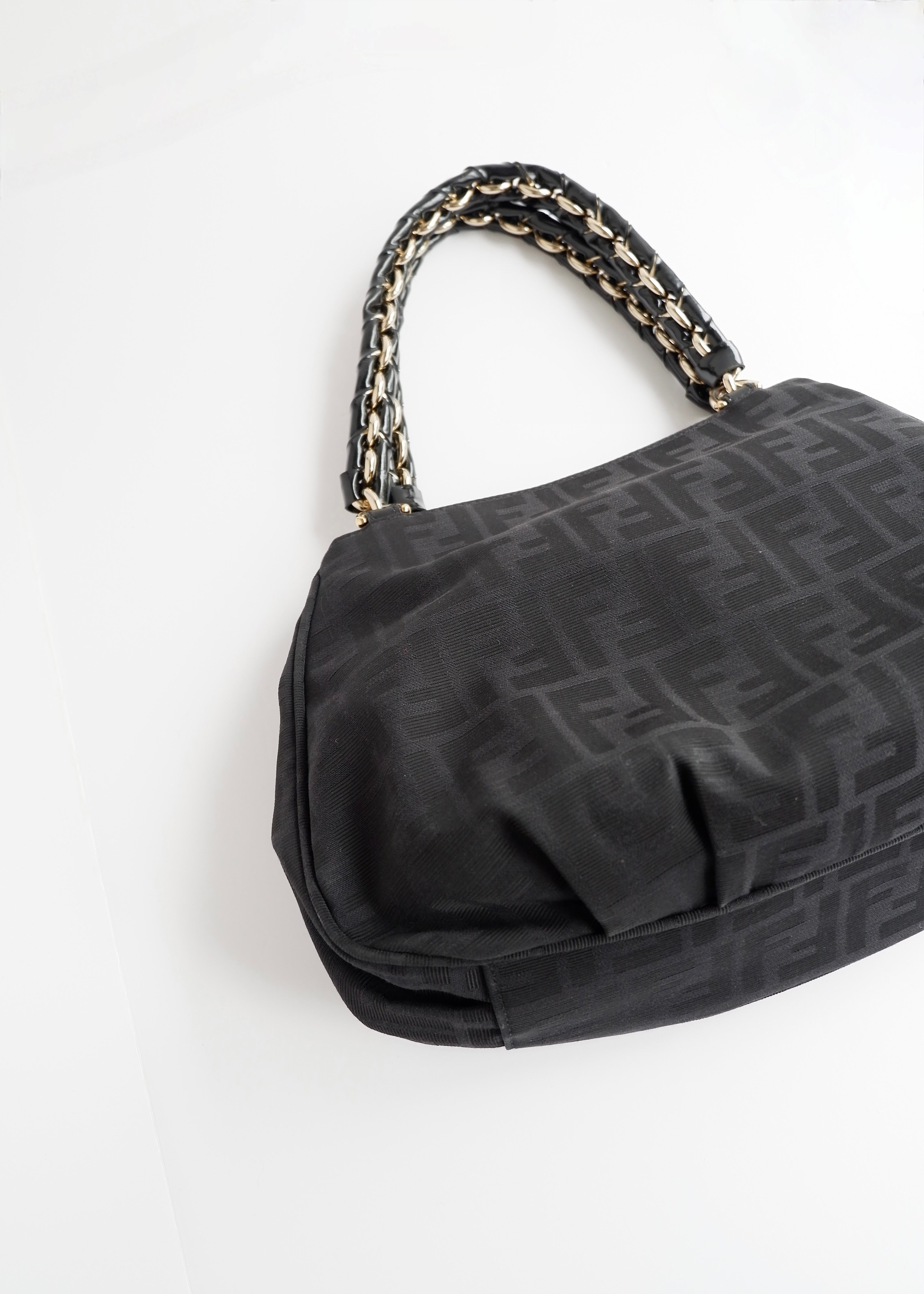 Preowned Fendi Black Zucca Print Gold FF Logo Shoulder Bag