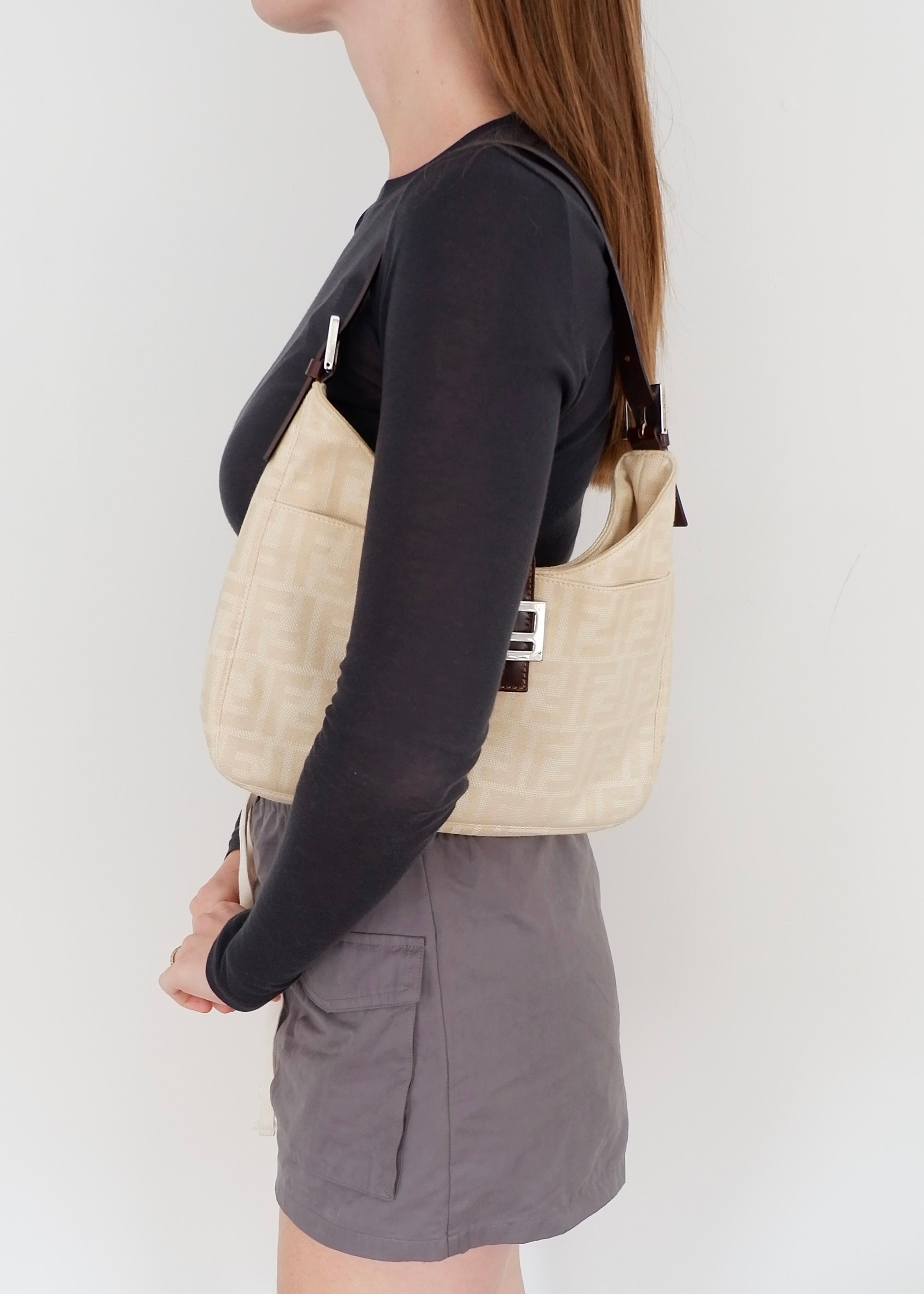 Authentic Preowned Vintage Fendi Ivory Canvas Zucca Shoulder Bag
