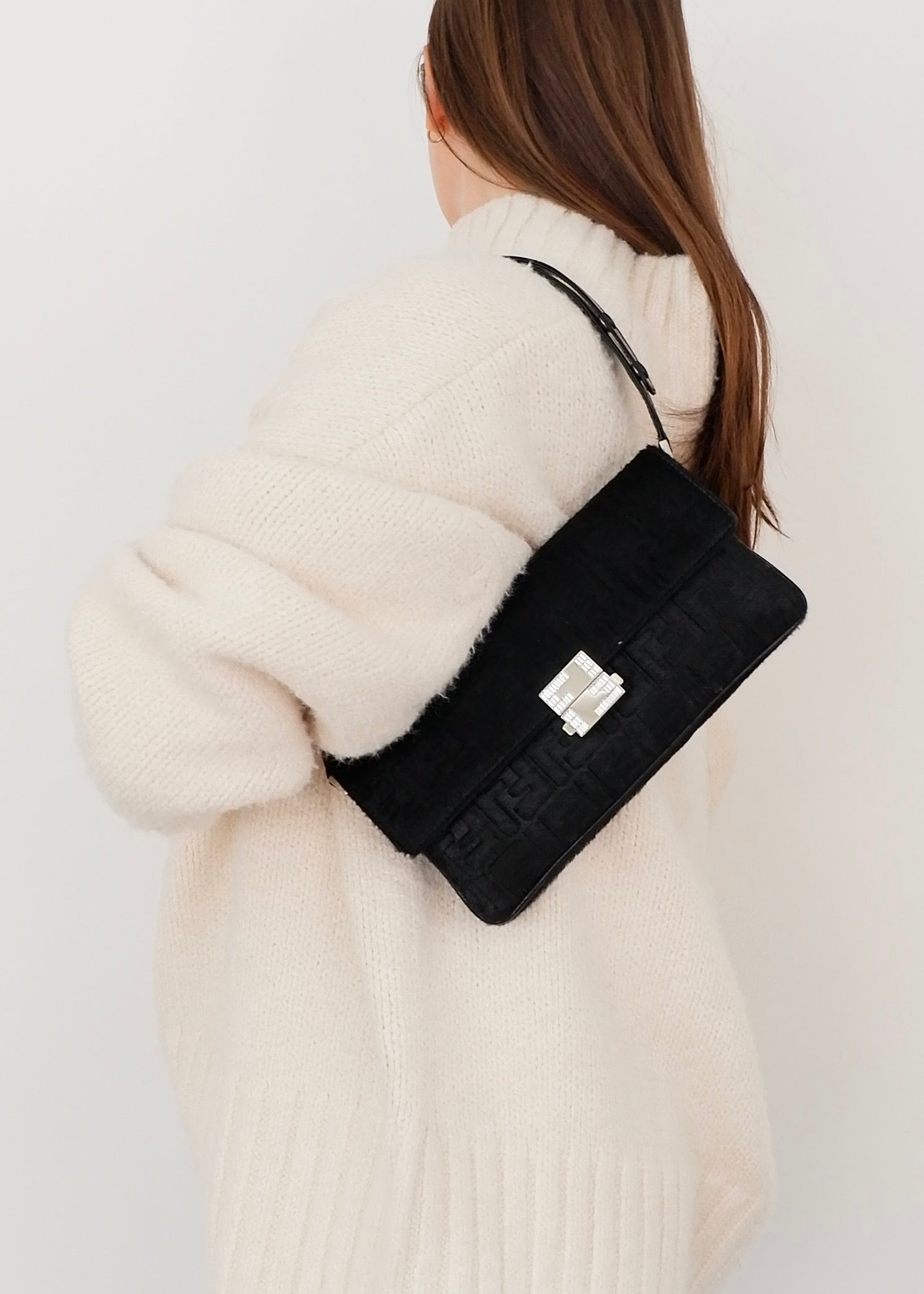 Authentic Preowned Rare Vintage Fendi Black Zucca Pony Hair/ Crystal Logo Shoulder Bag