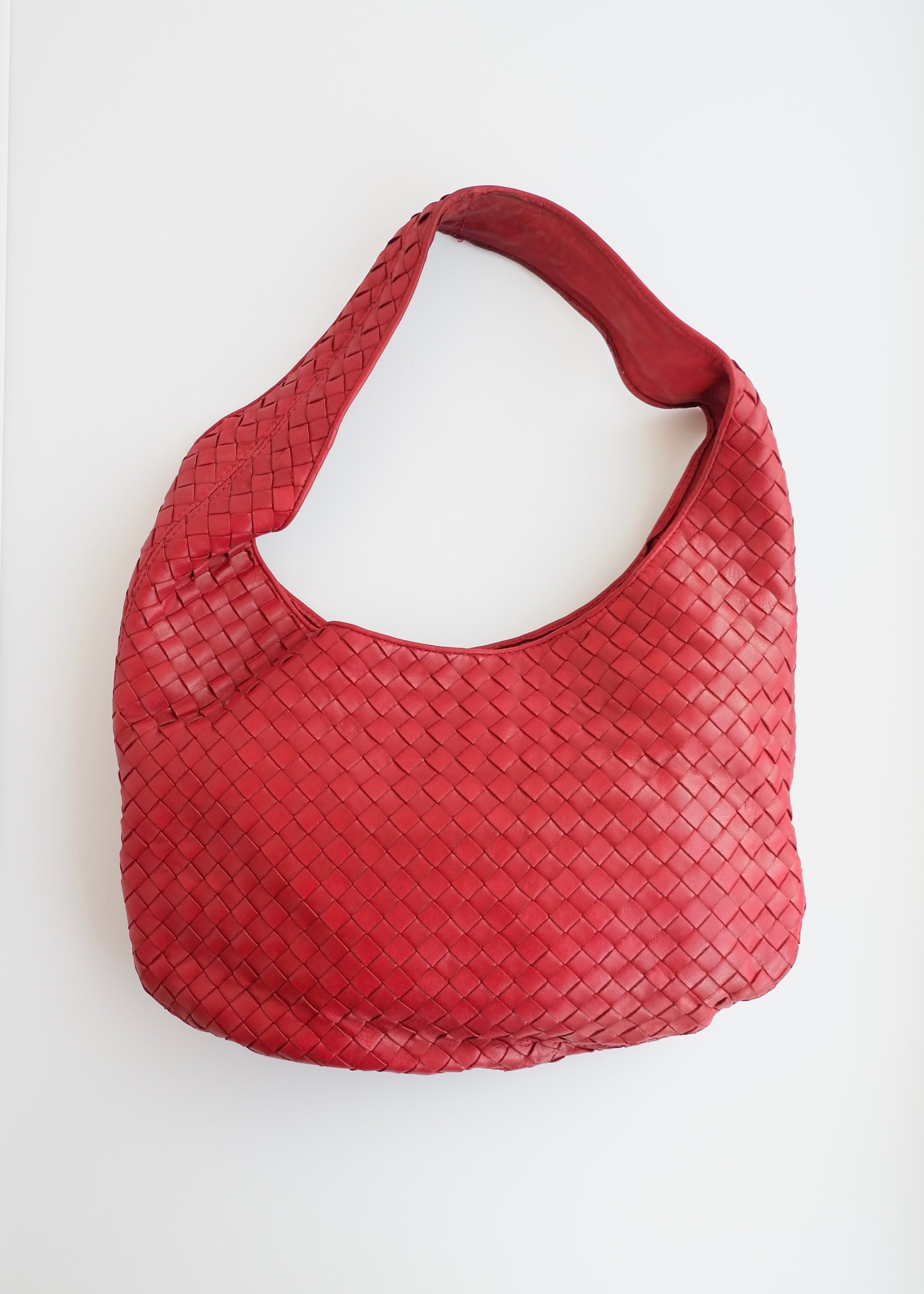 Authentic Preowned Vintage Bottega Veneta Red Leather Intrecciato Shoulder Bag