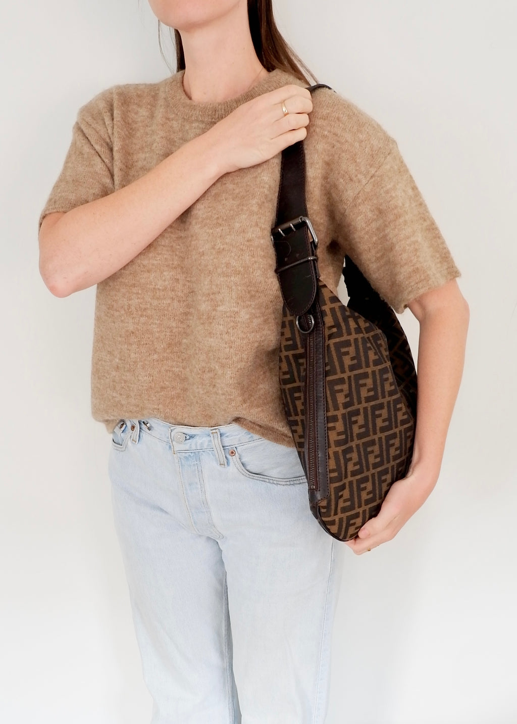 Authentic Preowned Fendi Tobacco Zucca Canvas and Leather Oyster Hobo Shoulder Bag