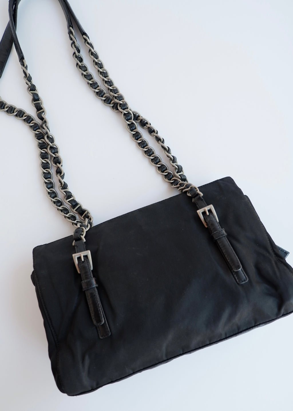 Authentic Preowned Prada Black Nylon/ Leather Metal Chain Shoulder Bag