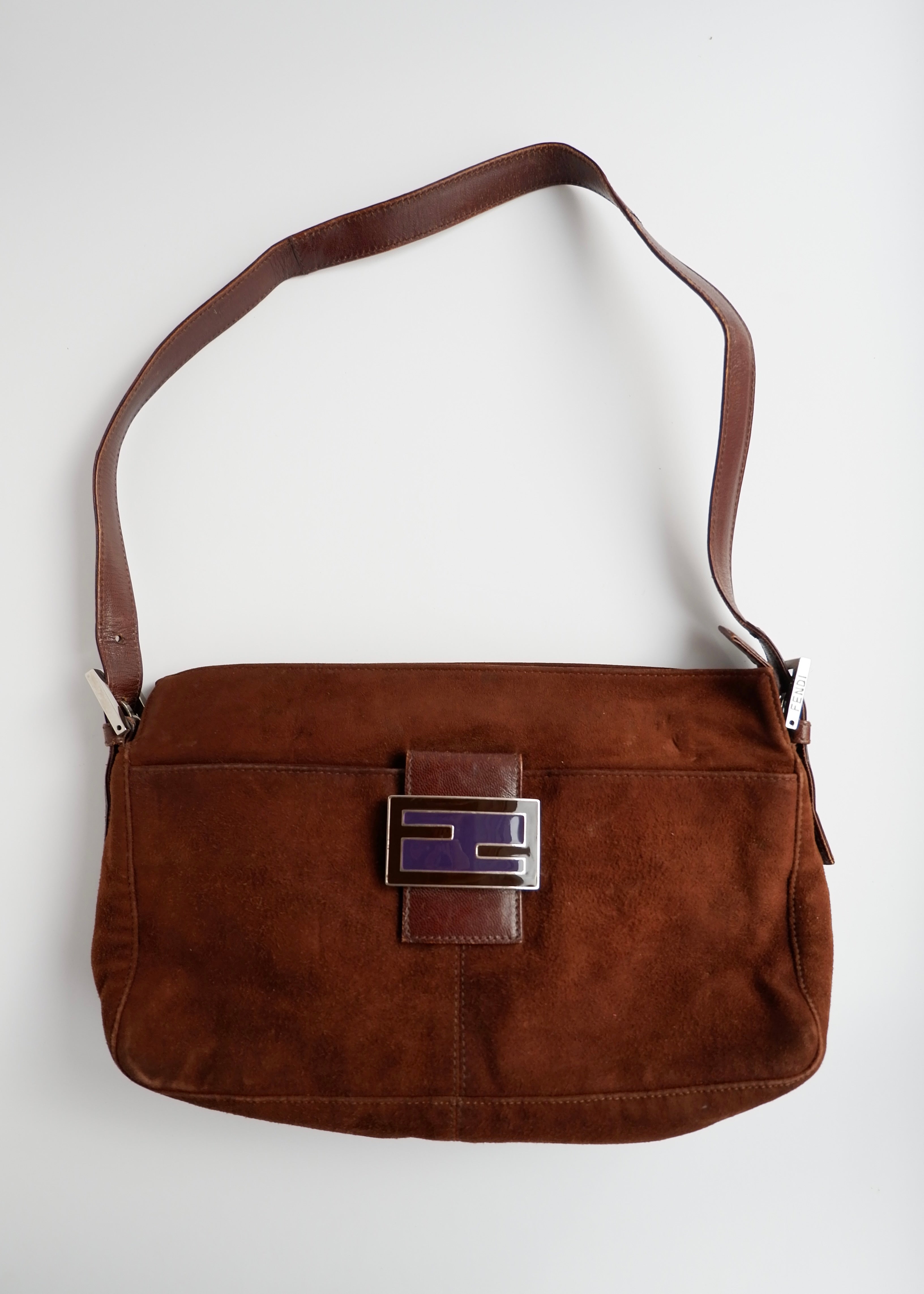 Sac porté épaule Fendi en daim et cuir marron, d'occasion, authentique