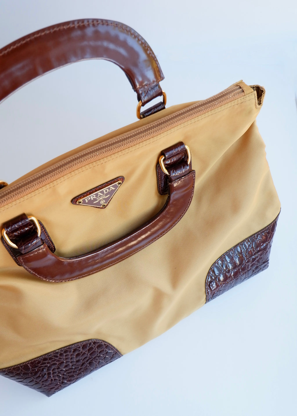 Authentic Preowned Vintage Prada Brown/Khaki Nylon/Patent Leather Handbag