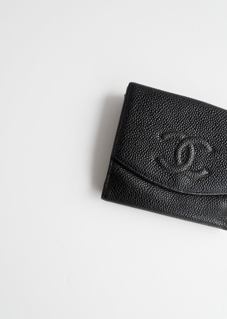 Authentic Preowned Vintage ChanelBlack Caviar Leather Bi-Fold Wallet
