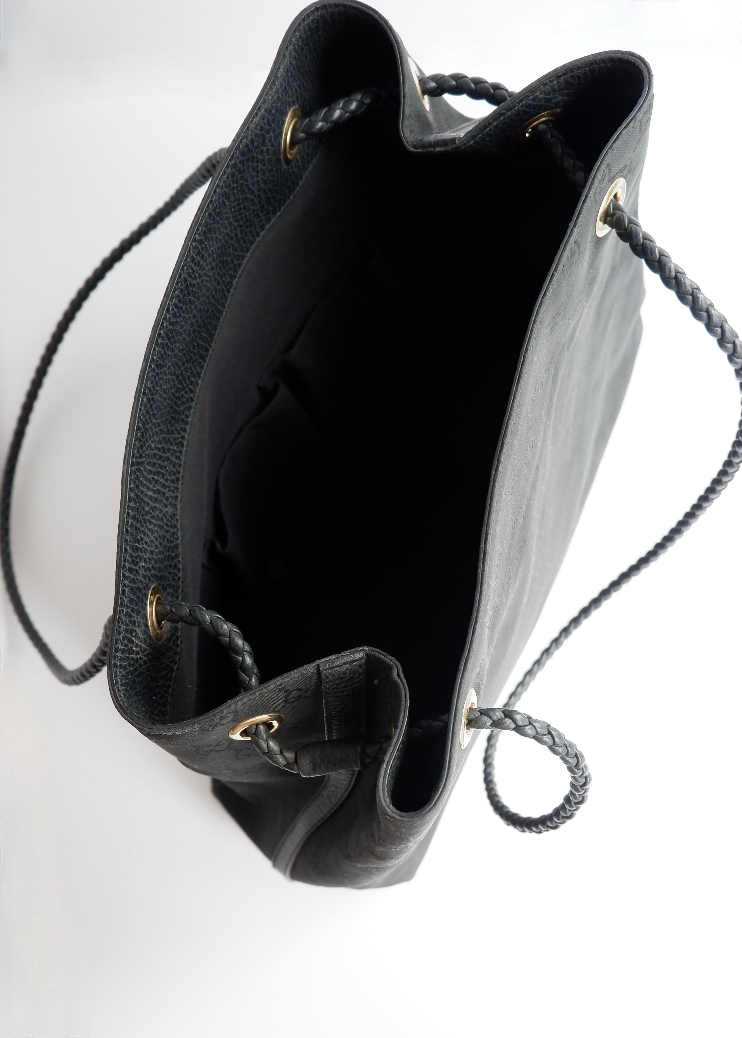 Preowned Gucci Black GG Canvas Leather Woven Strap Shoulder Tote