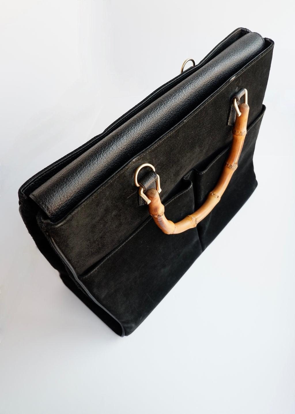 Authentic Preowned Vintage Gucci Black Suede/Leather Bamboo Two Way Tote