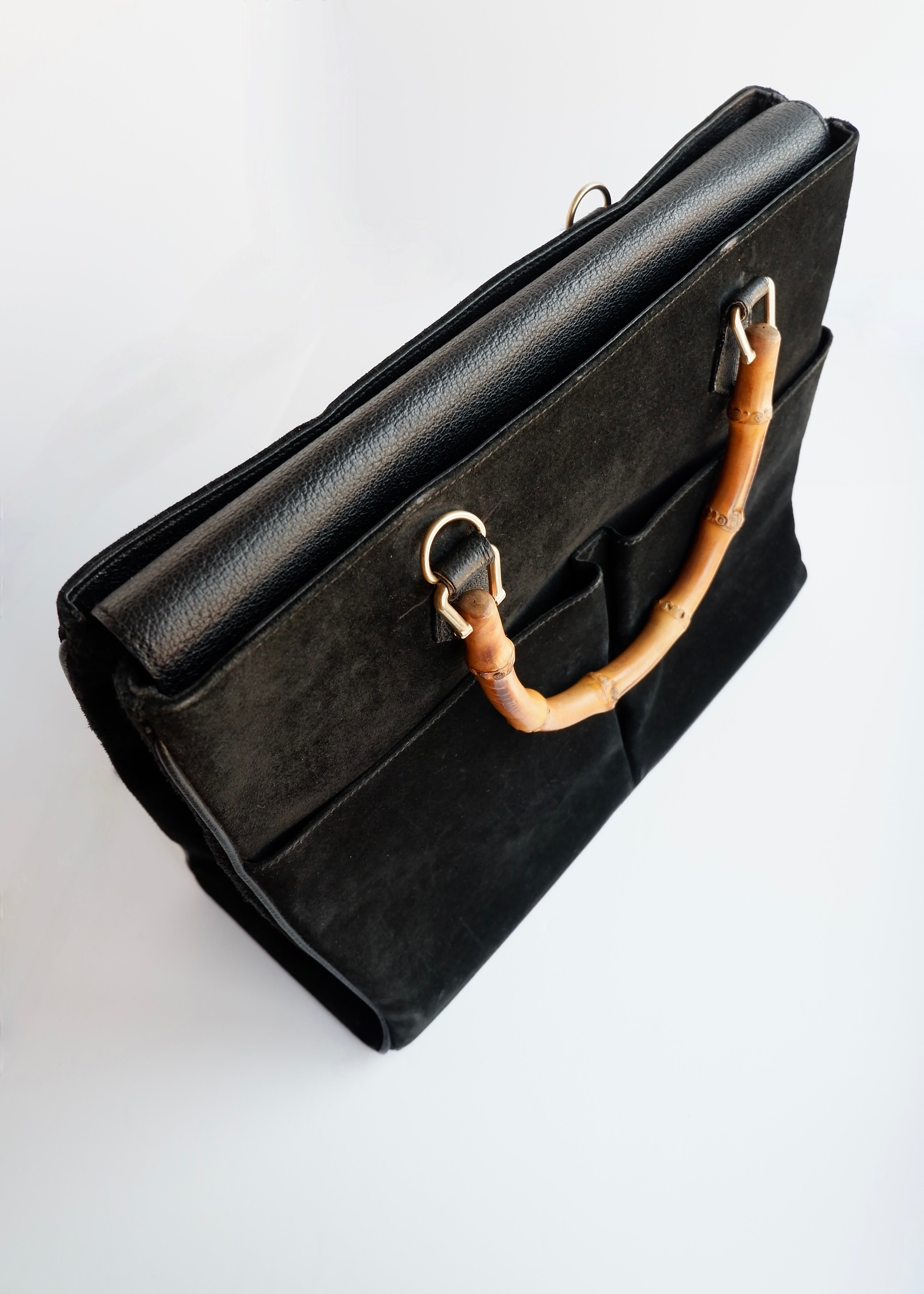 Authentic Preowned Vintage Gucci Black Suede/Leather Bamboo Two Way Tote