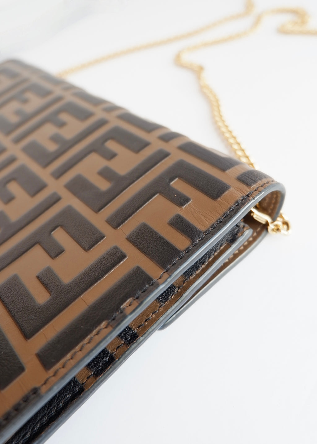 Preowned Fendi Brown Zucca Embossed Leather Wallet on Chain