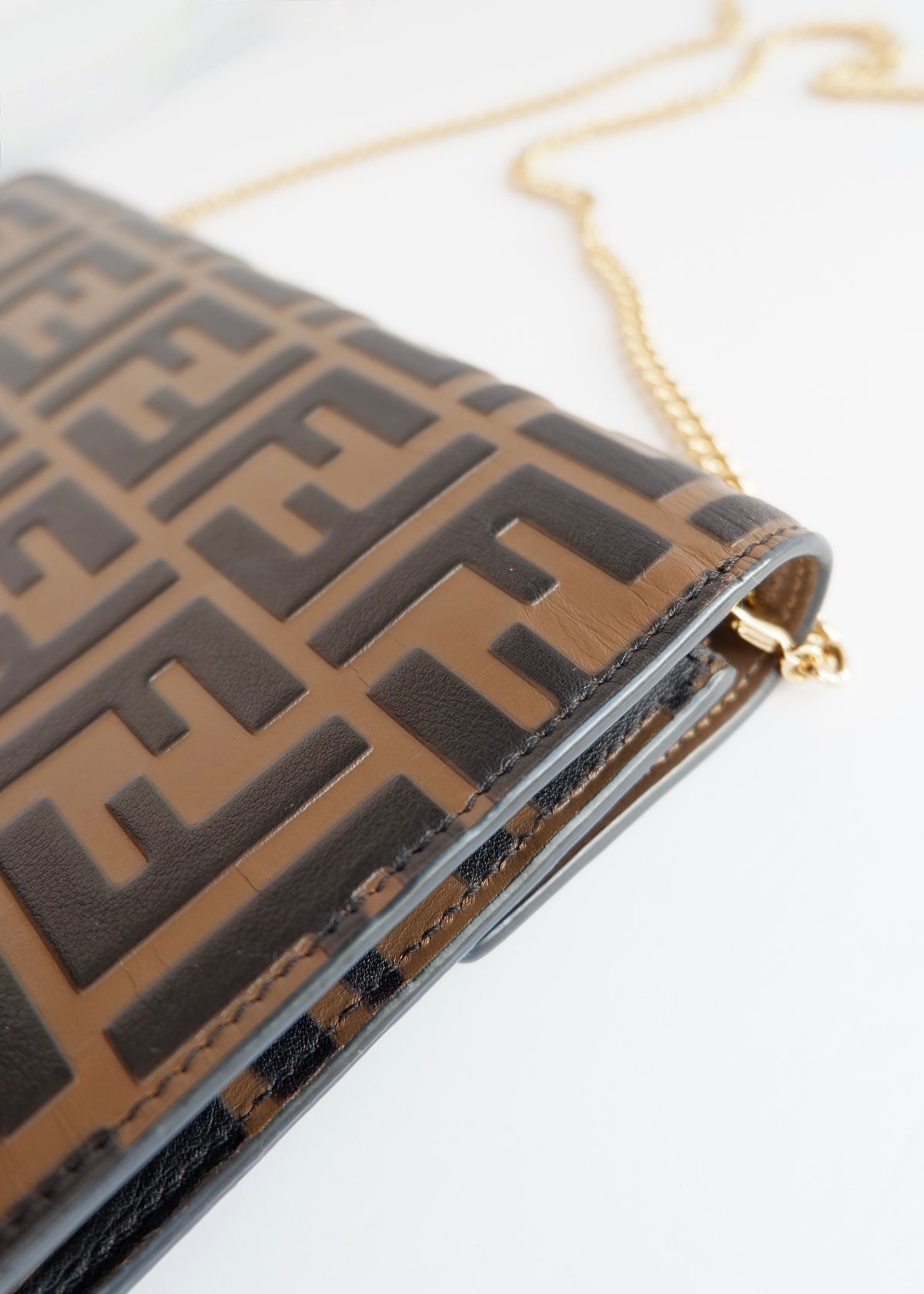 Preowned Fendi Brown Zucca Embossed Leather Wallet on Chain