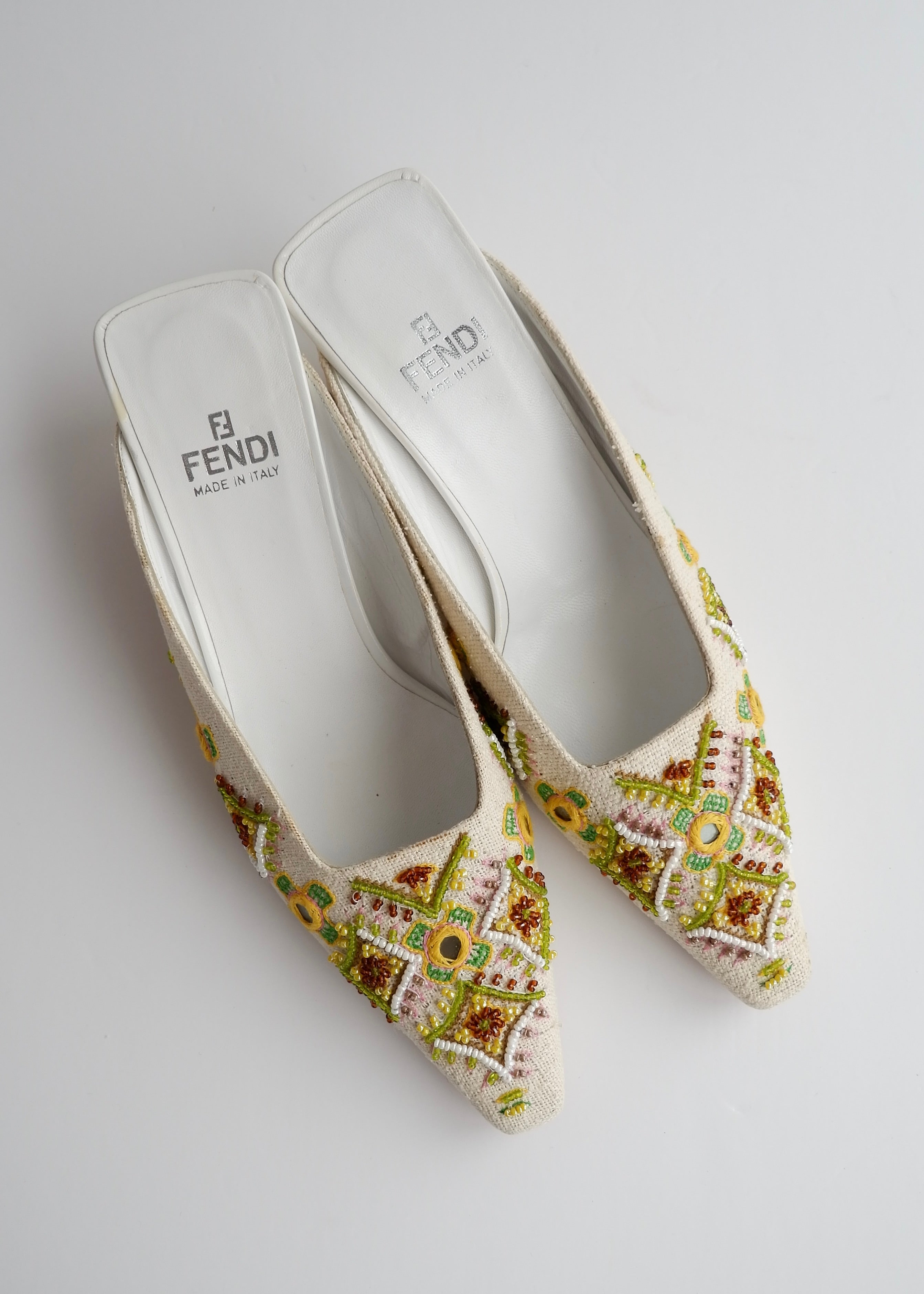 Authentic Preowned Vintage Fendi White/ Multi Color Beaded Heels - 37