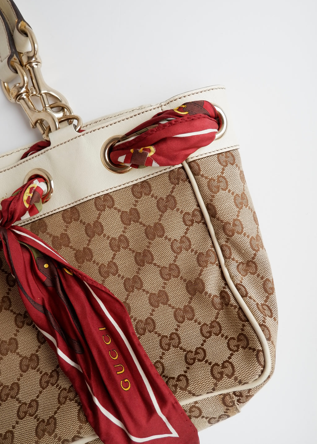 Authentic Preowned Gucci White GG Canvas/ Scarf Detail Handbag