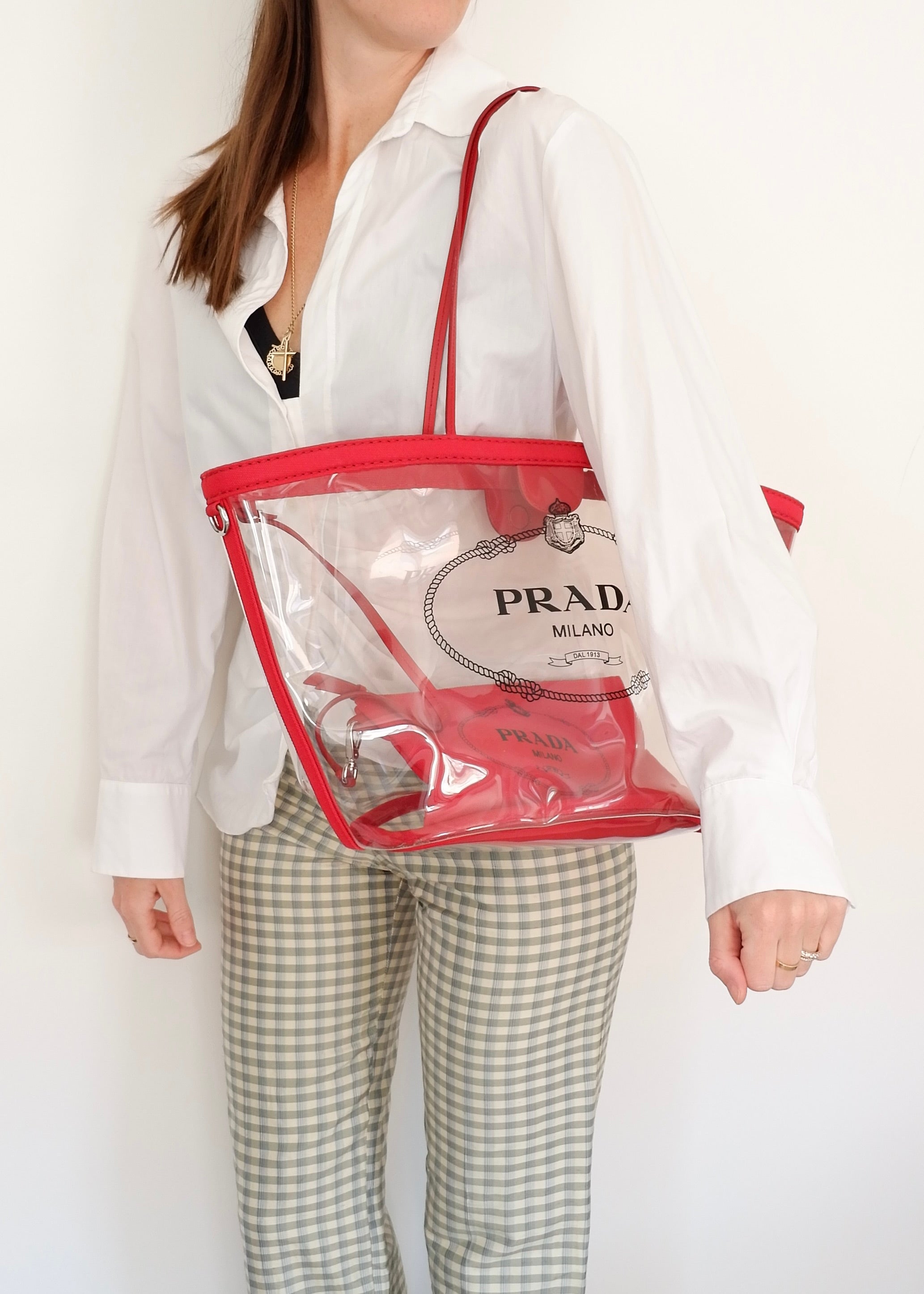 Authentic Preowned Prada Red Canvas/ Transparent Tote Bag