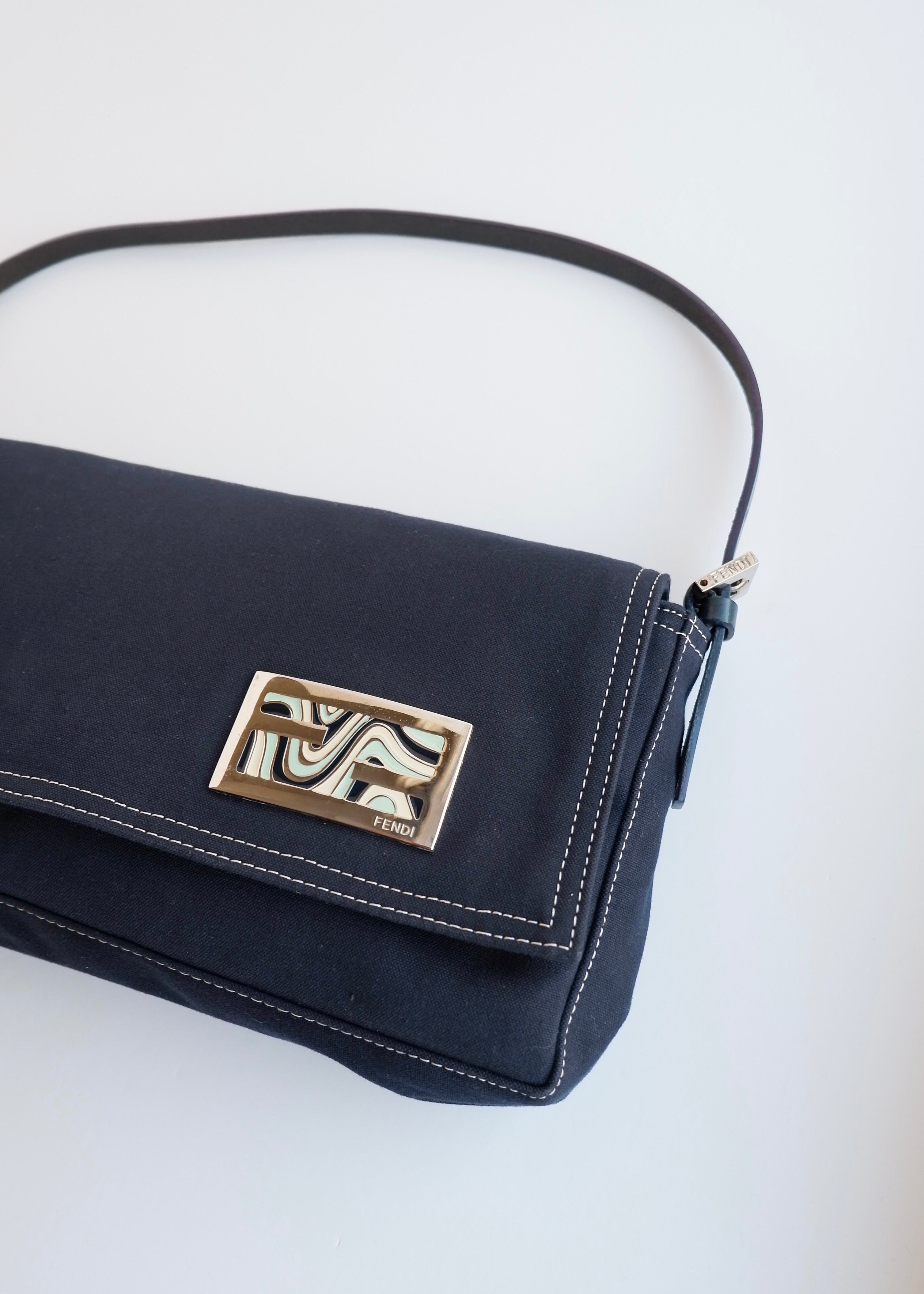 Authentic Preowned Fendi Navy Blue Fabric FF Marble Shoulder Bag
