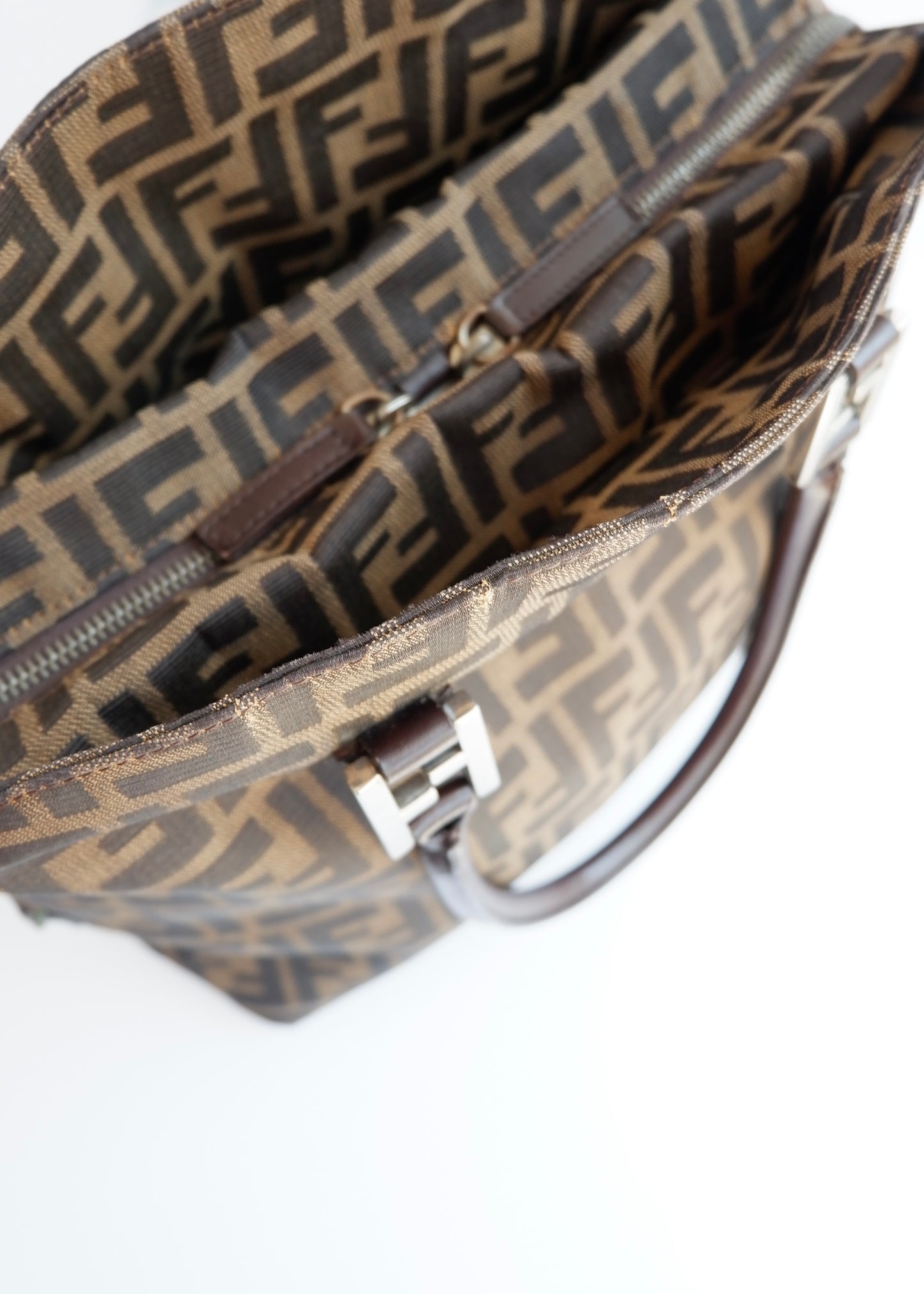 Authentic Preownd Vintage Fendi Brown Canvas Zucca Bowler Shoulder Bag