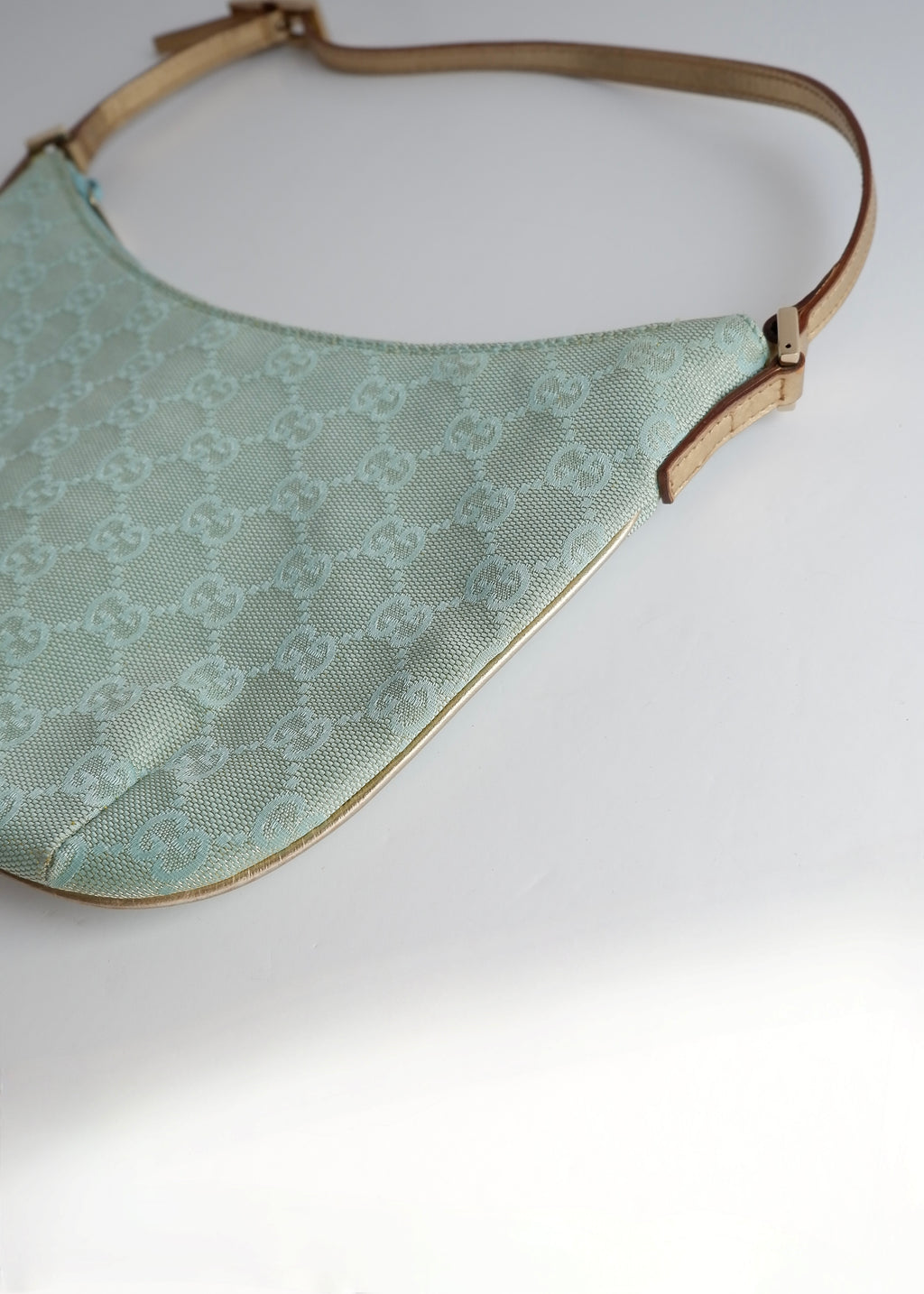 Authentic Preowned Gucci Blue GG Canvas Gold Strap Half Moon Shoulder Bag
