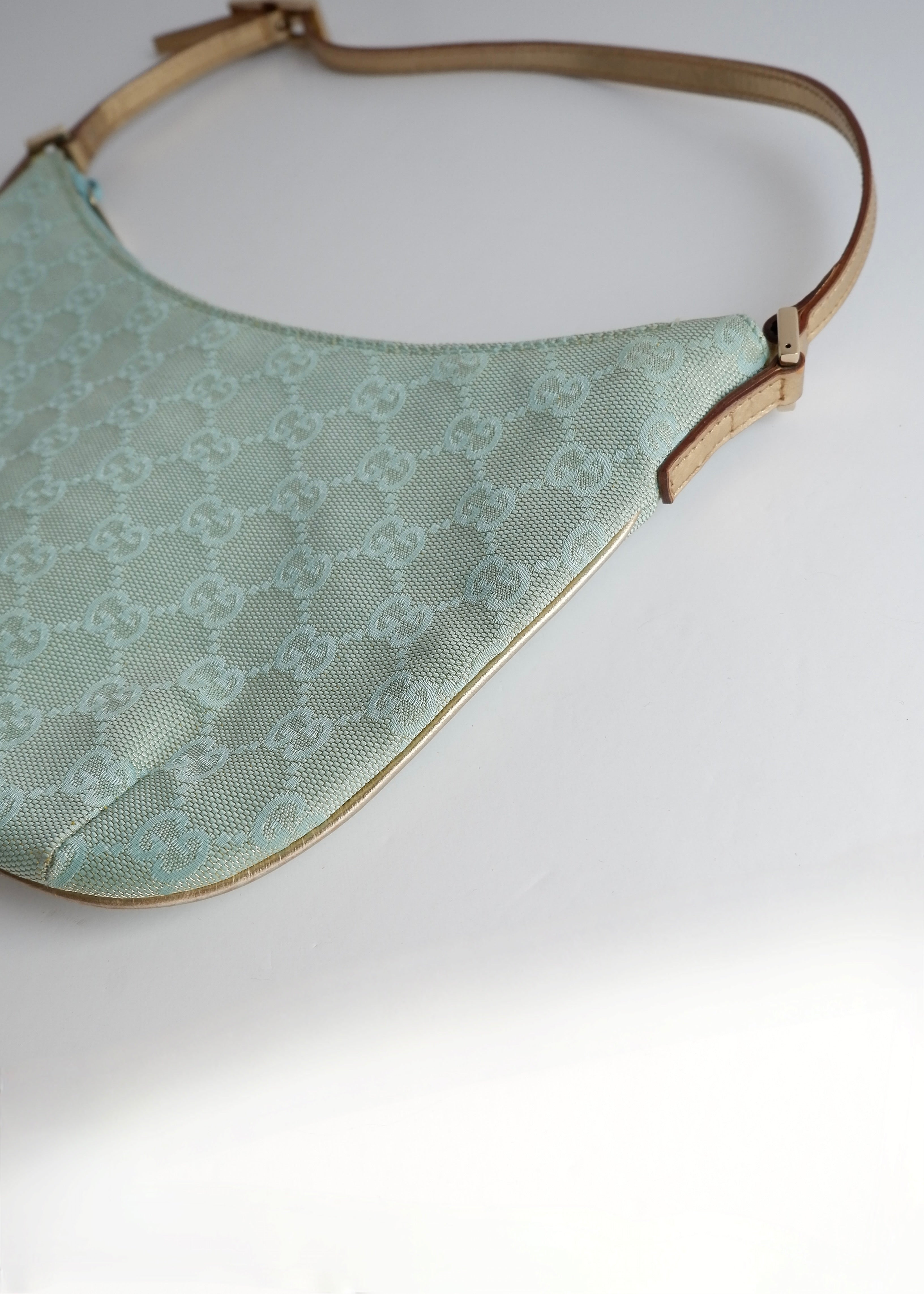 Authentic Preowned Gucci Blue GG Canvas Gold Strap Half Moon Shoulder Bag