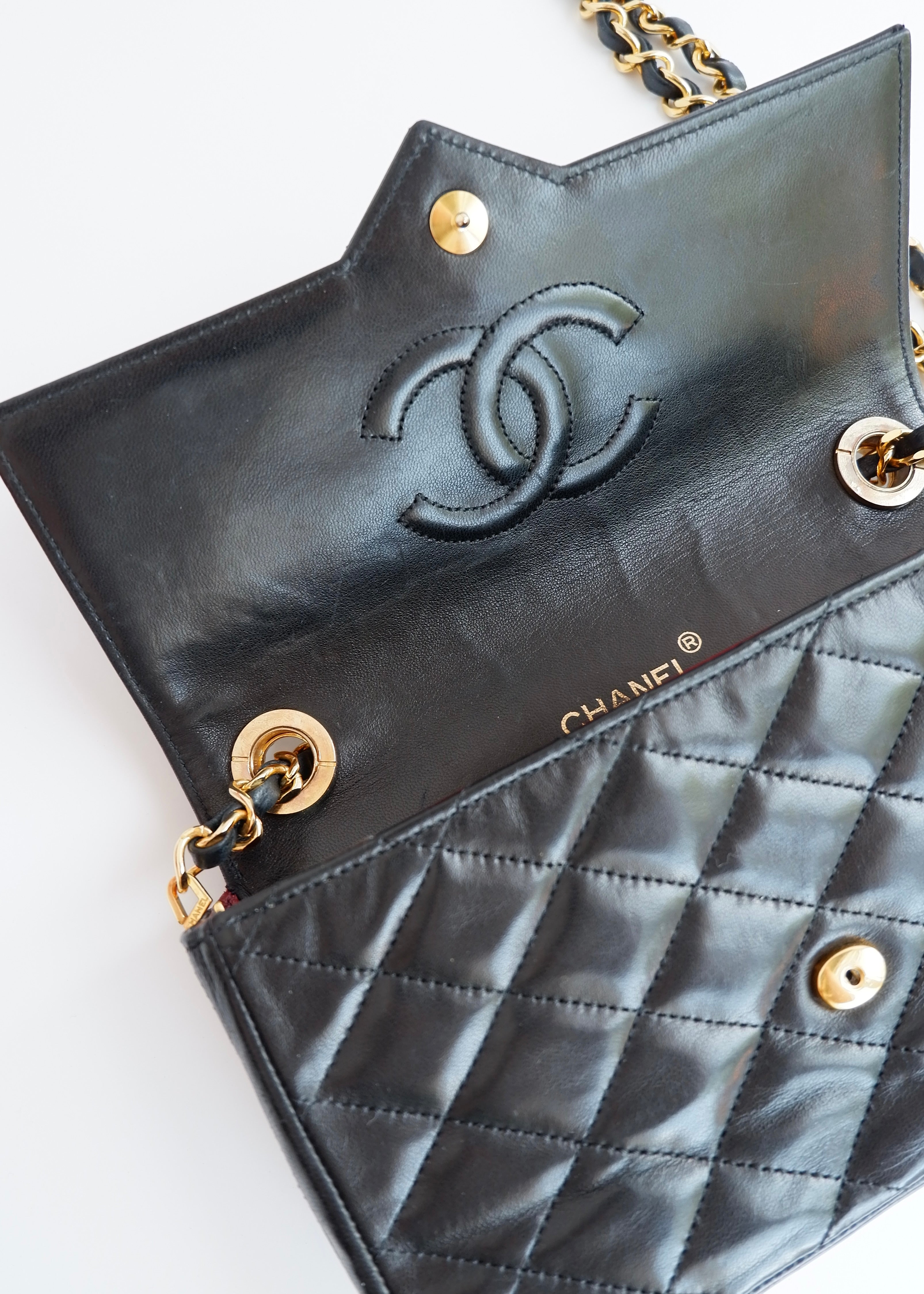 Authentic Preowned Vintage Chanel Black Lambskin Quilted Single Flap Crystal CC Logo Bag GHW