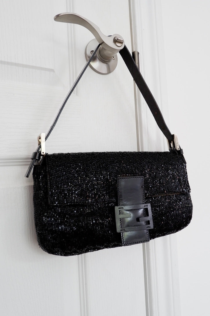 Authentic Preowned Fendi Black Beaded Baguette Shoulder Bag