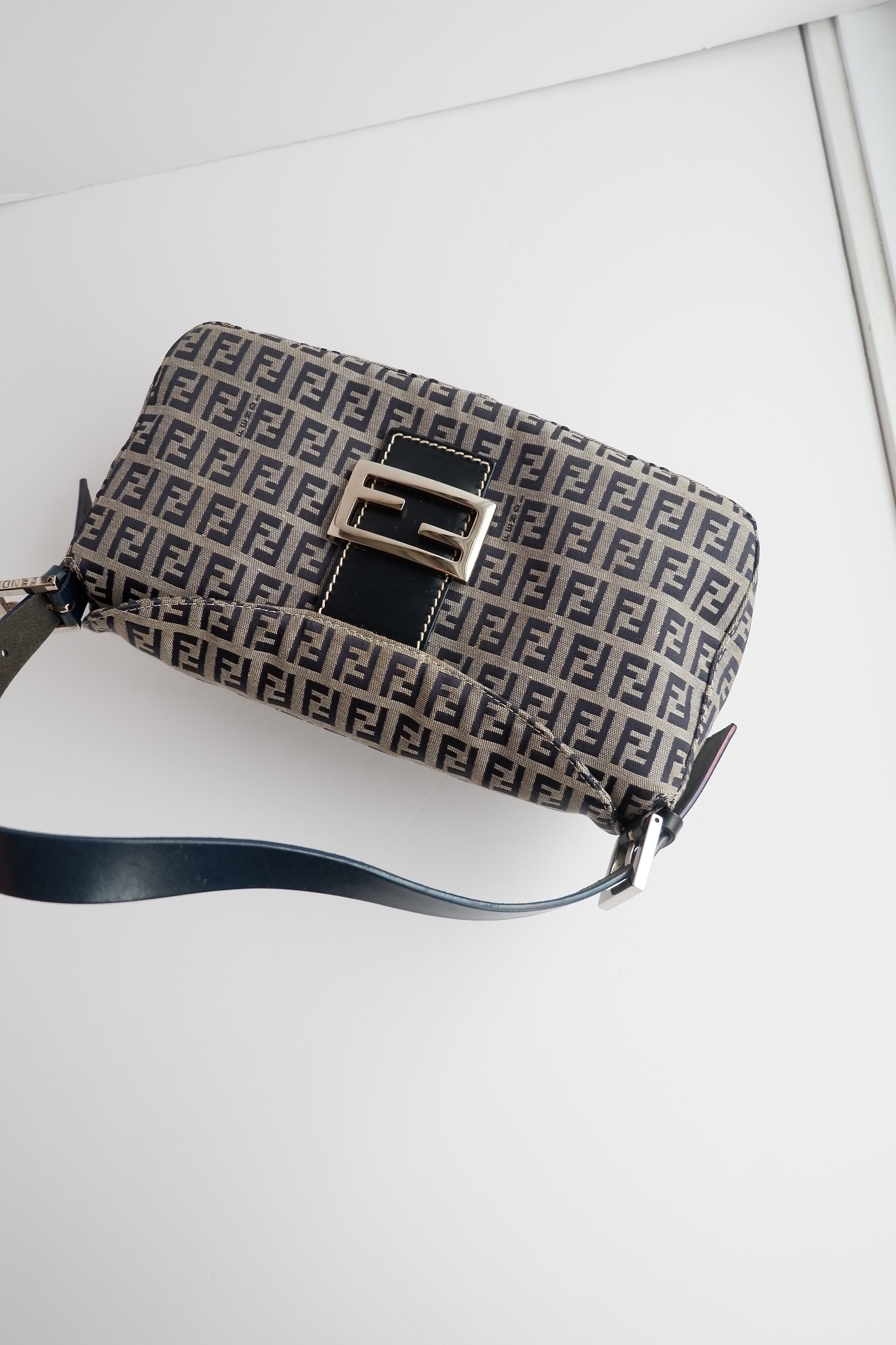 Authentic Preowned Fendi Navy Zucchino Baguette Shoulder