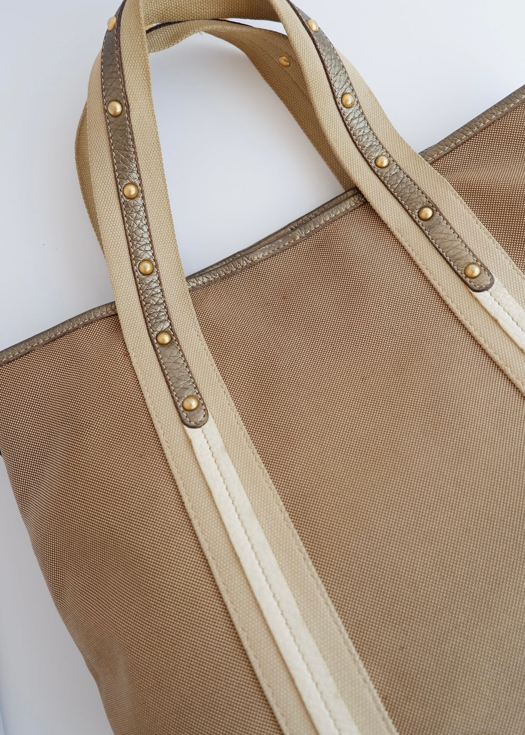 Authentique Sac à Main Prada Bicolore Beige/Doré en Toile et Cuir d'Occasion