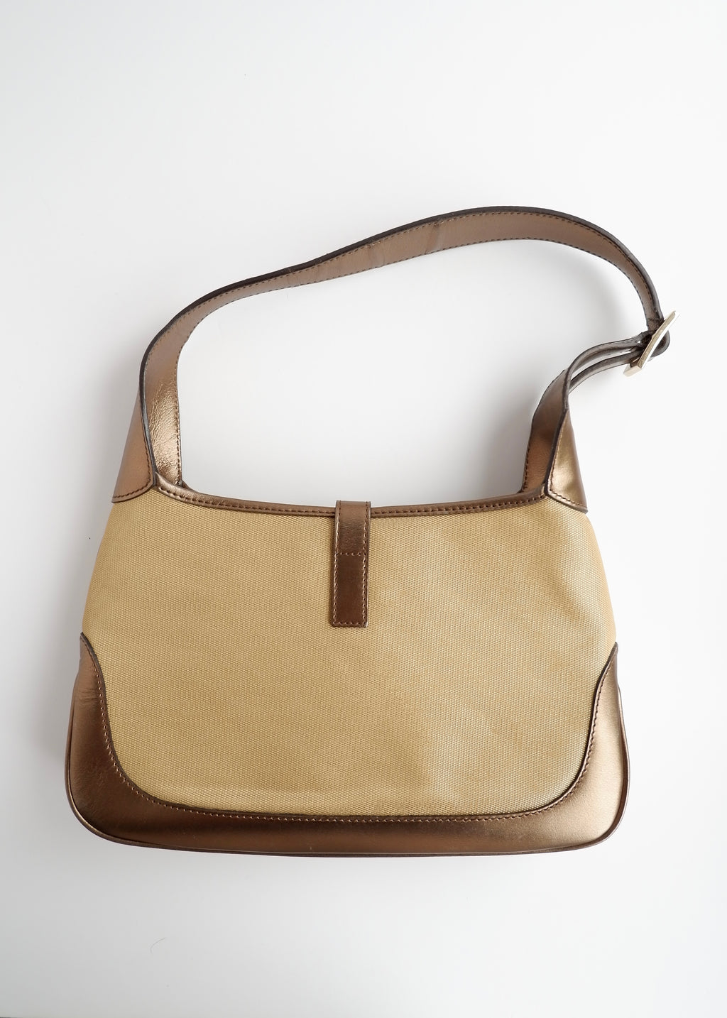 Authentique Sac Jackie Gucci d'occasion en Toile et Cuir Doré/Beige
