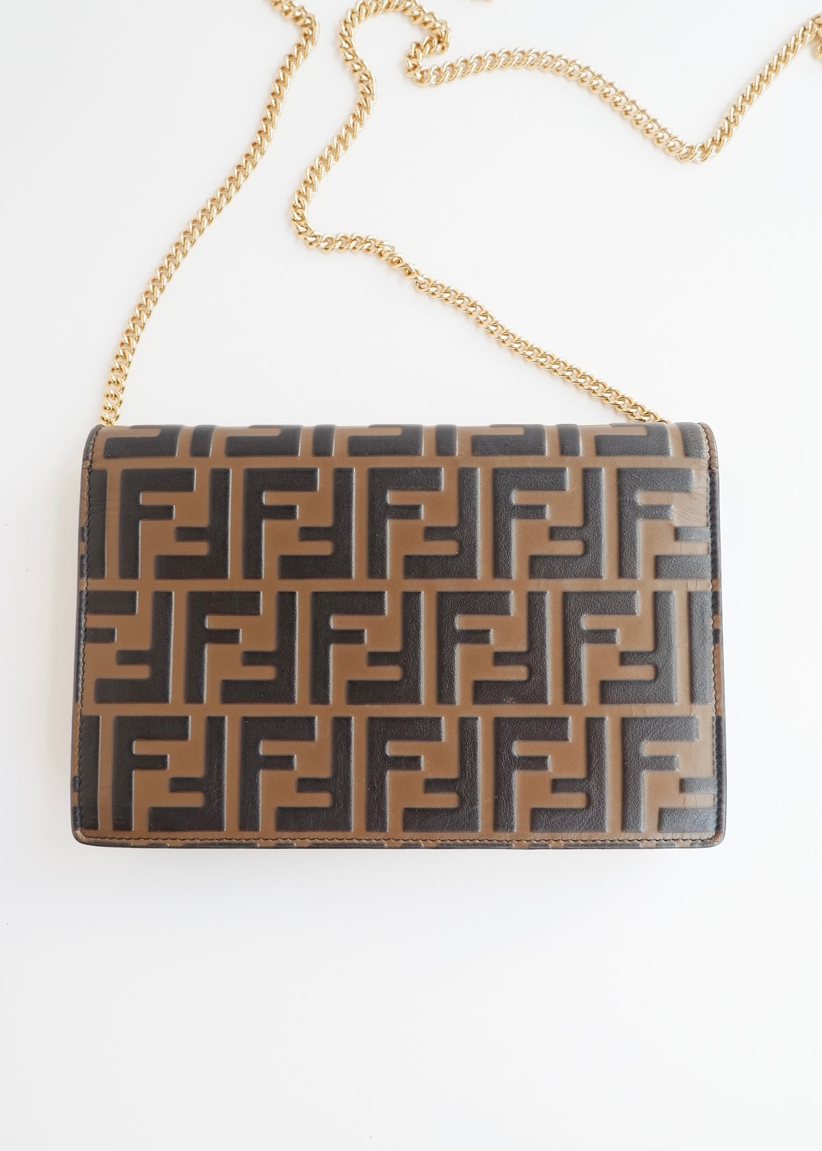 Preowned Fendi Brown Zucca Embossed Leather Wallet on Chain