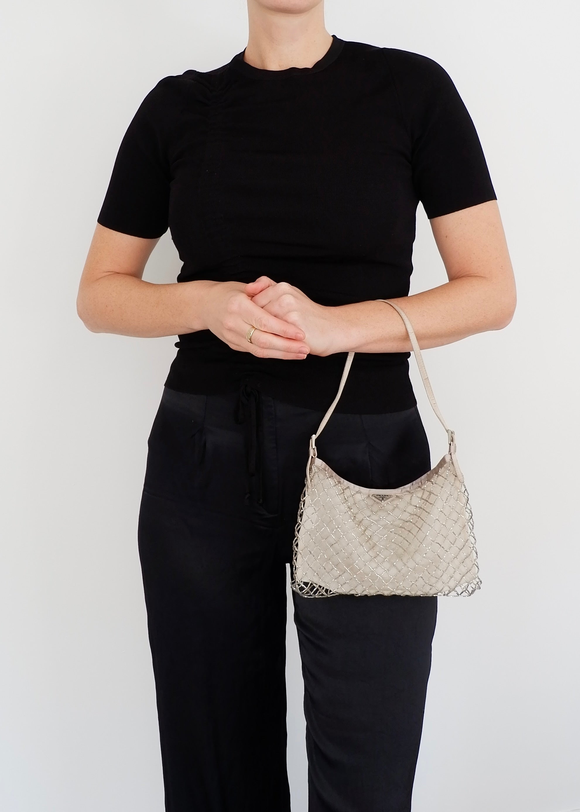 Authentic Preowned Prada Champagne Satin Beaded Shoulder Bag