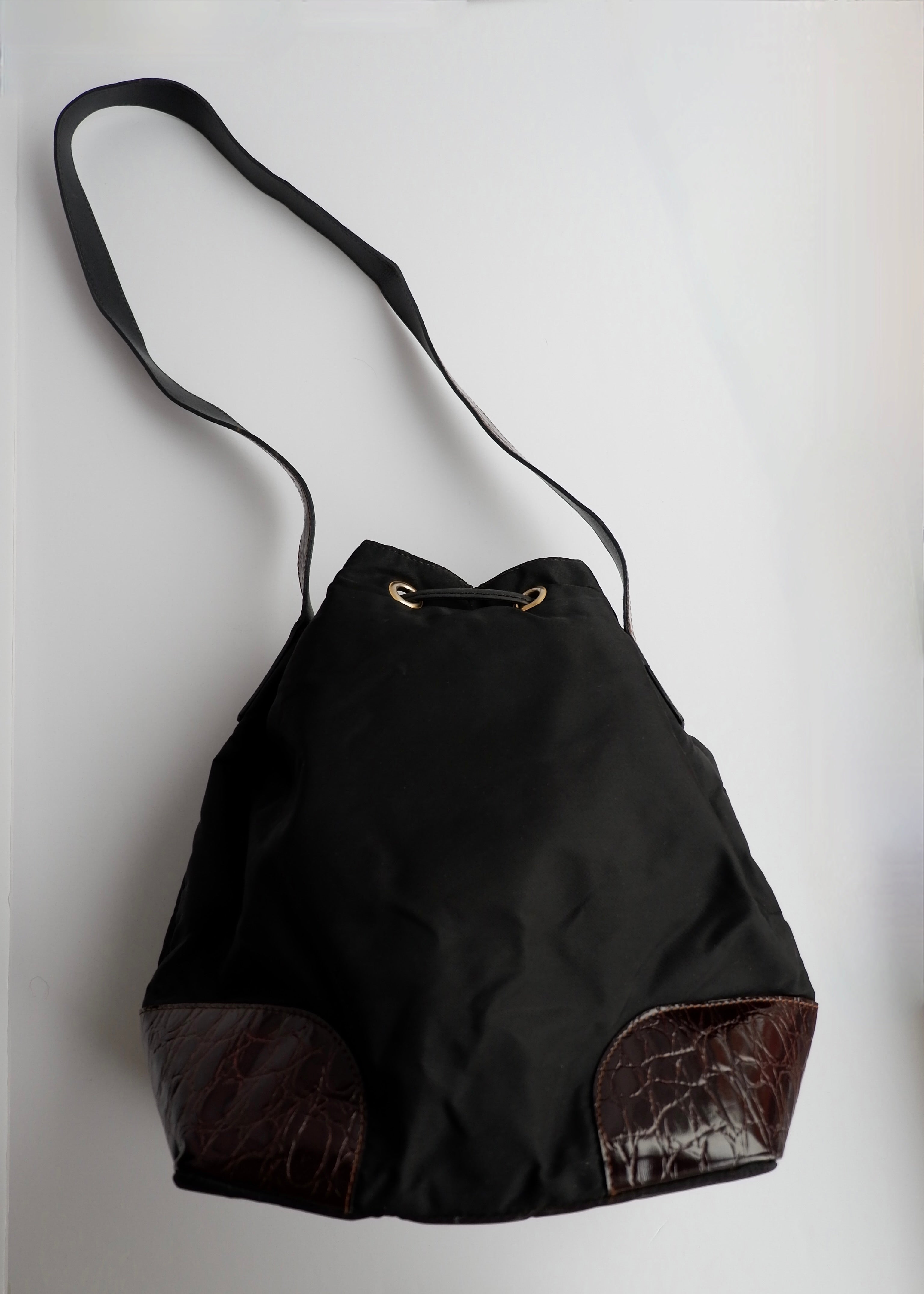 Authentic Preowned Prada Black/Brown Nylon/Leather Bucket Shoulder Bag