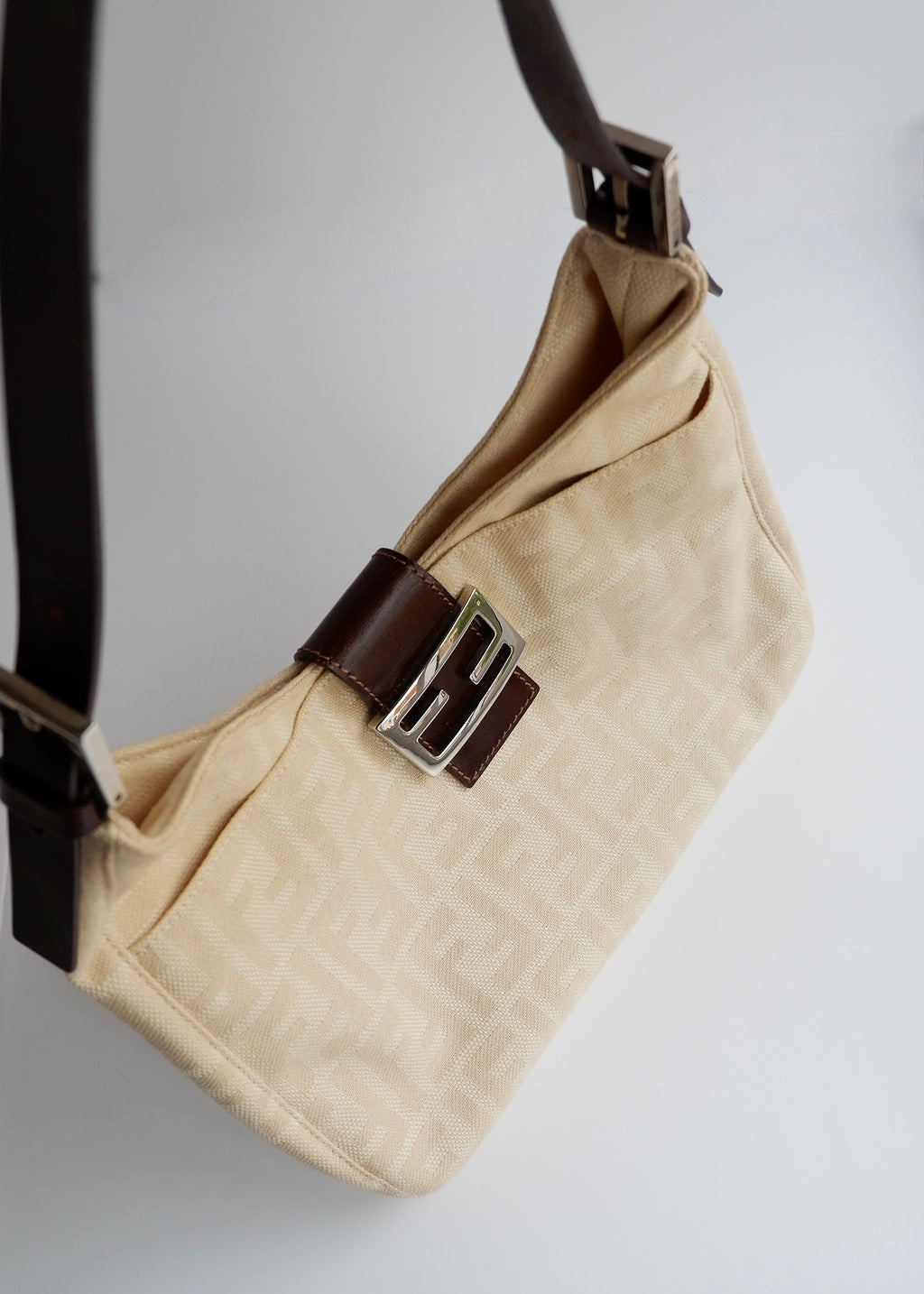 Authentic Preowned Vintage Fendi Ivory Canvas Zucca Shoulder Bag