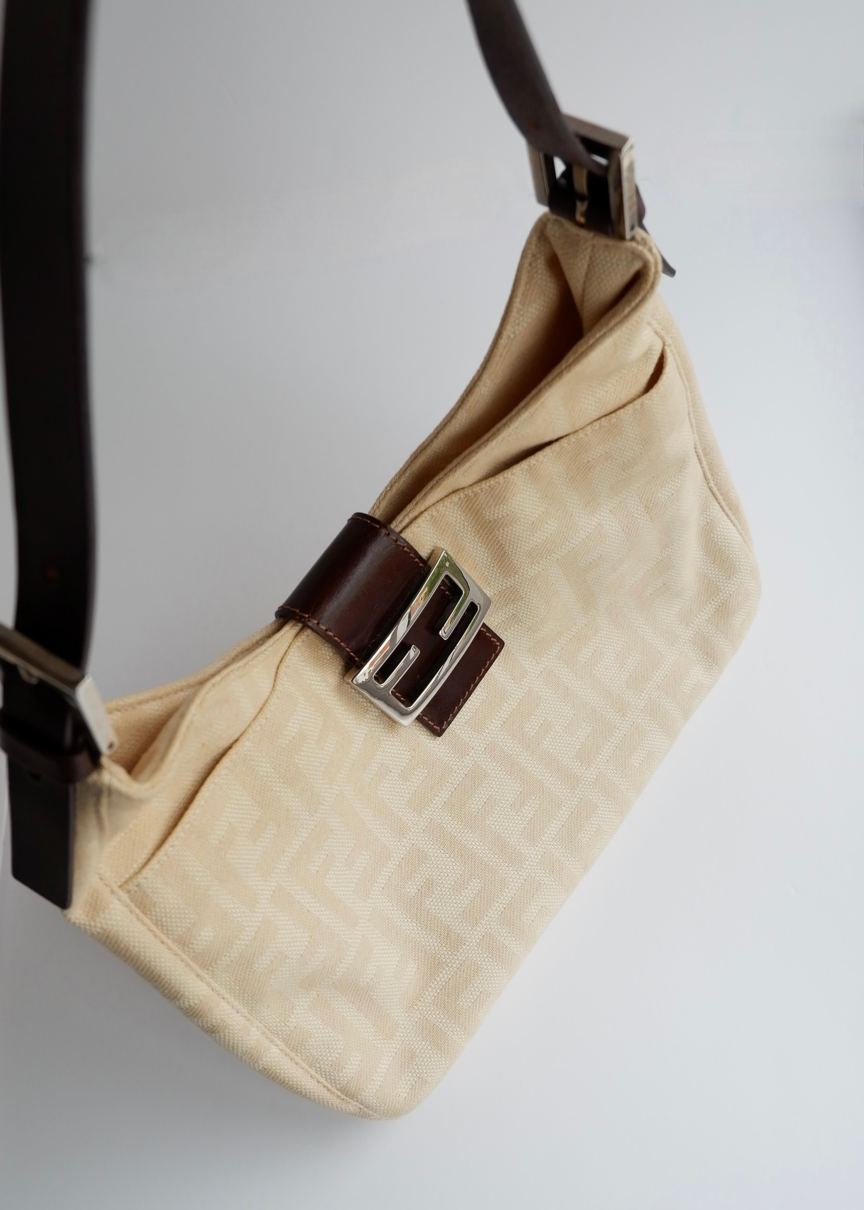 Authentic Preowned Vintage Fendi Ivory Canvas Zucca Shoulder Bag