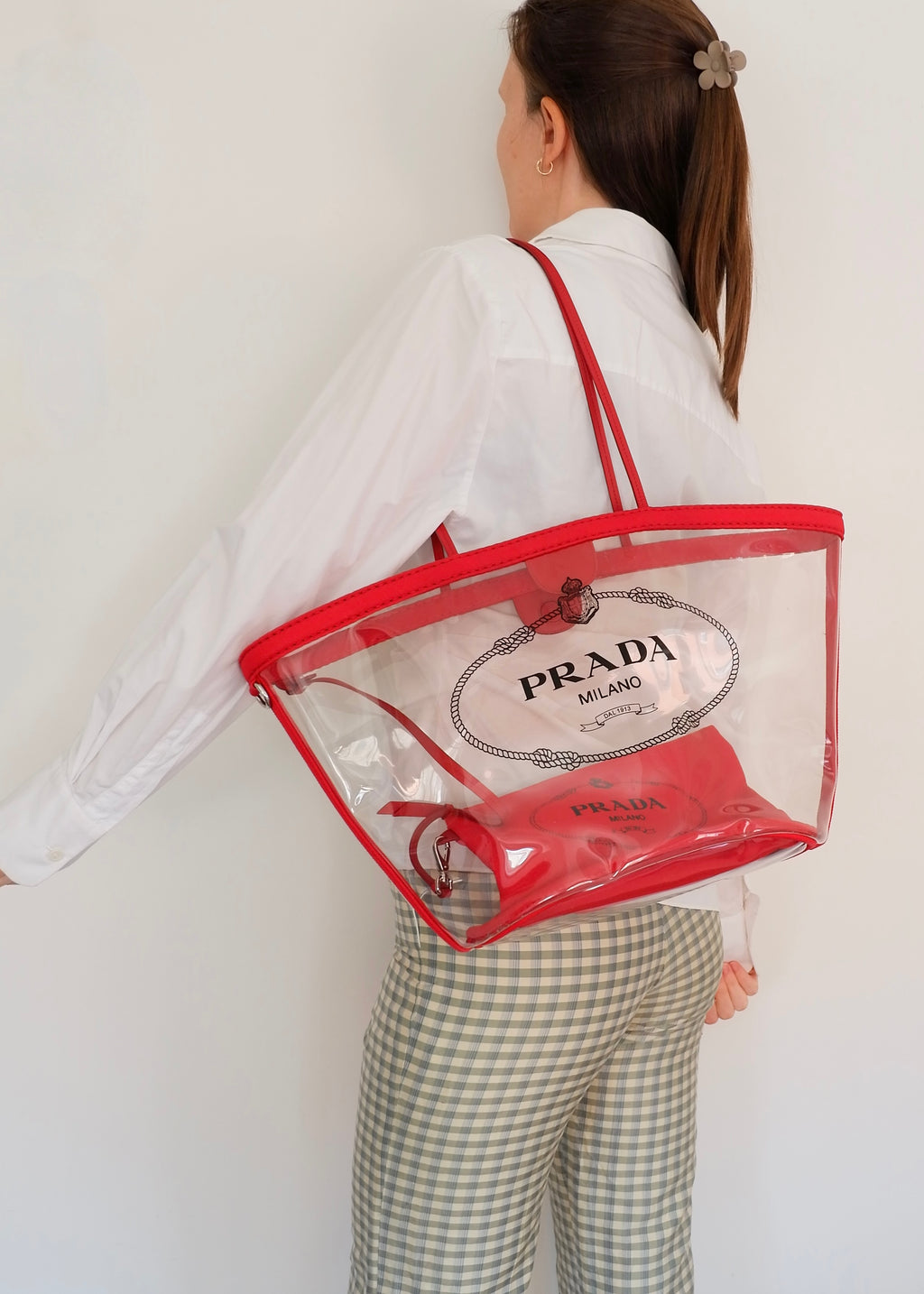 Authentic Preowned Prada Red Canvas/ Transparent Tote Bag