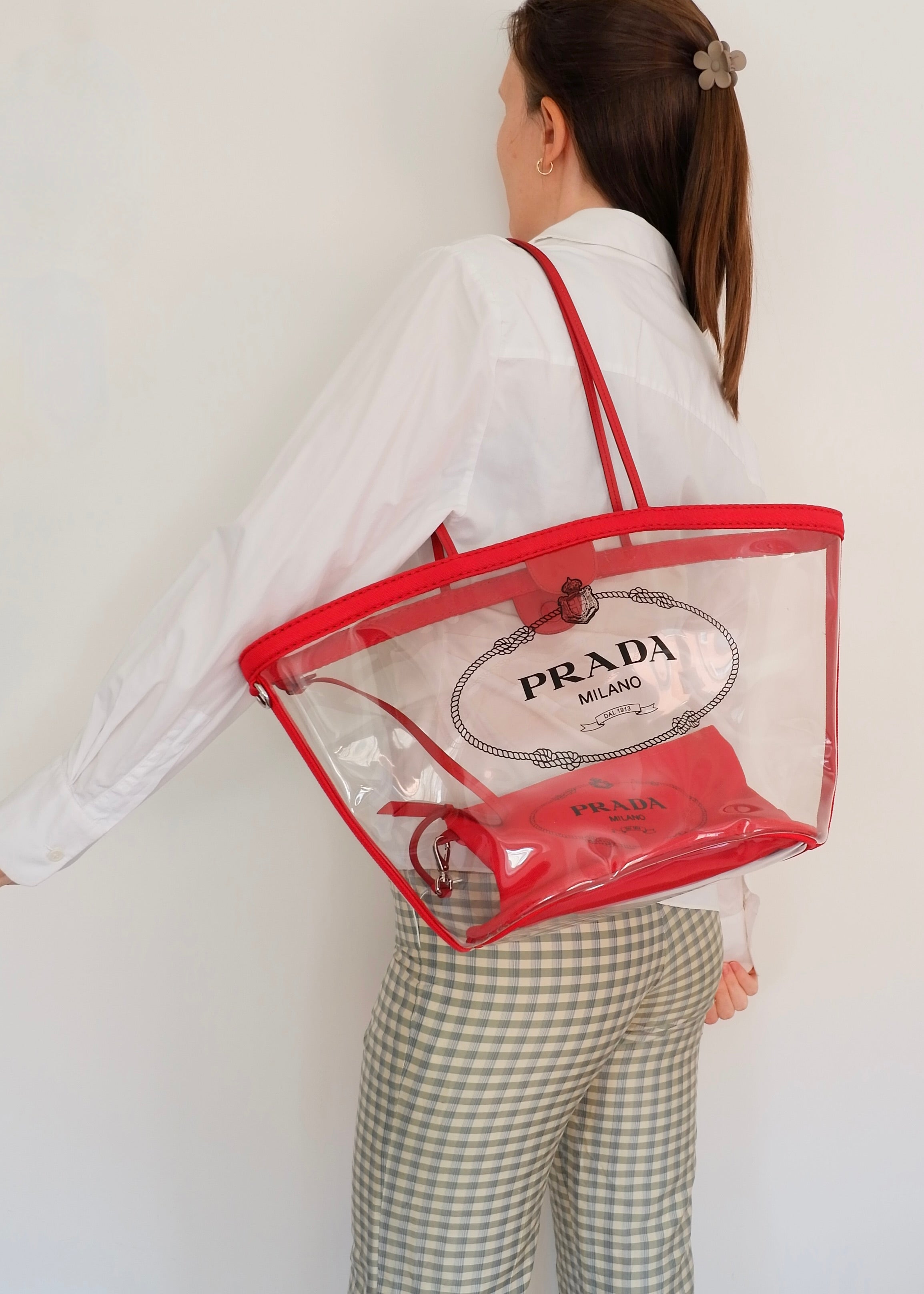 Authentic Preowned Prada Red Canvas/ Transparent Tote Bag