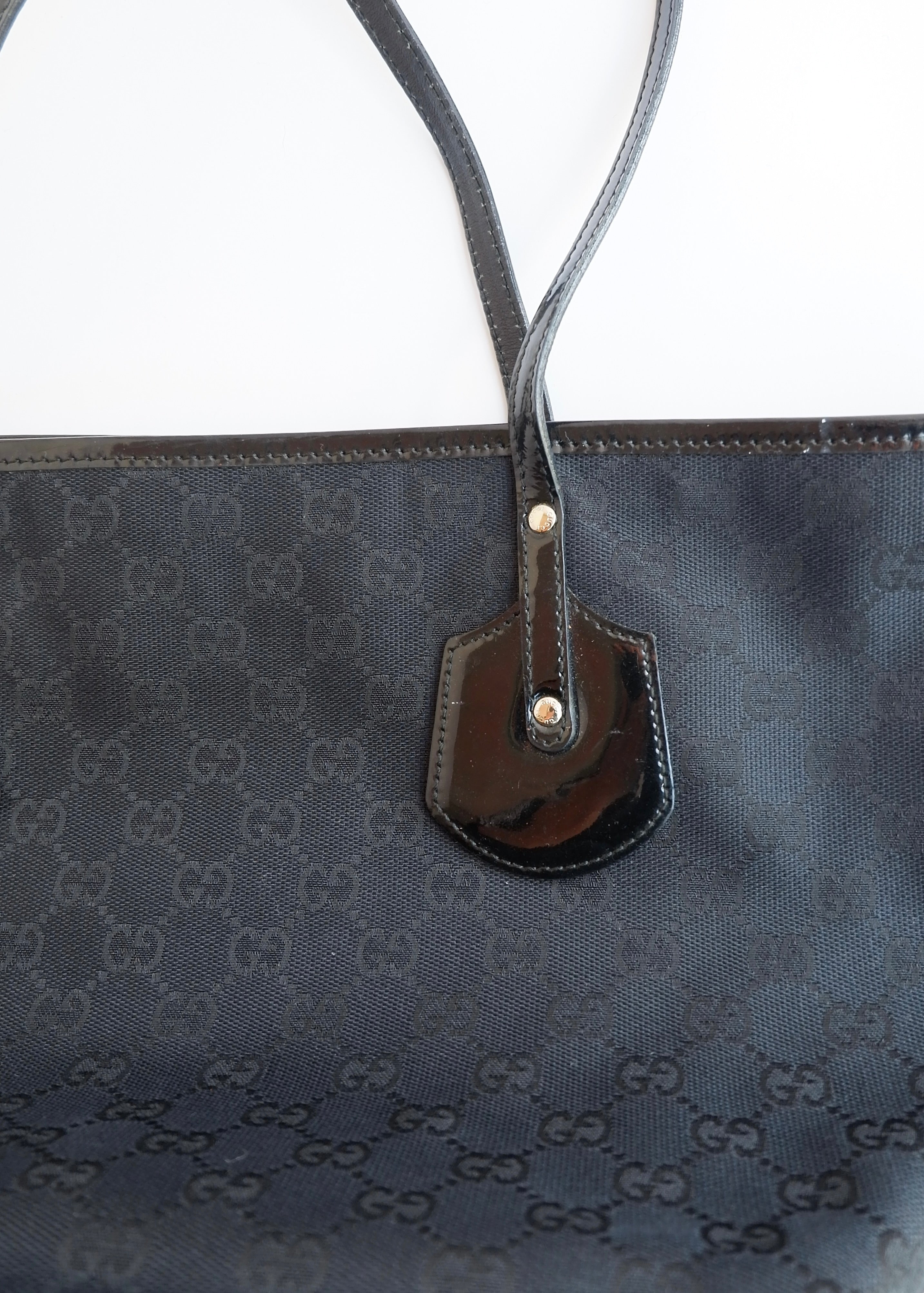 Authentic Preowned Gucci Black GG Canvas/Patent Leather Tote Bag