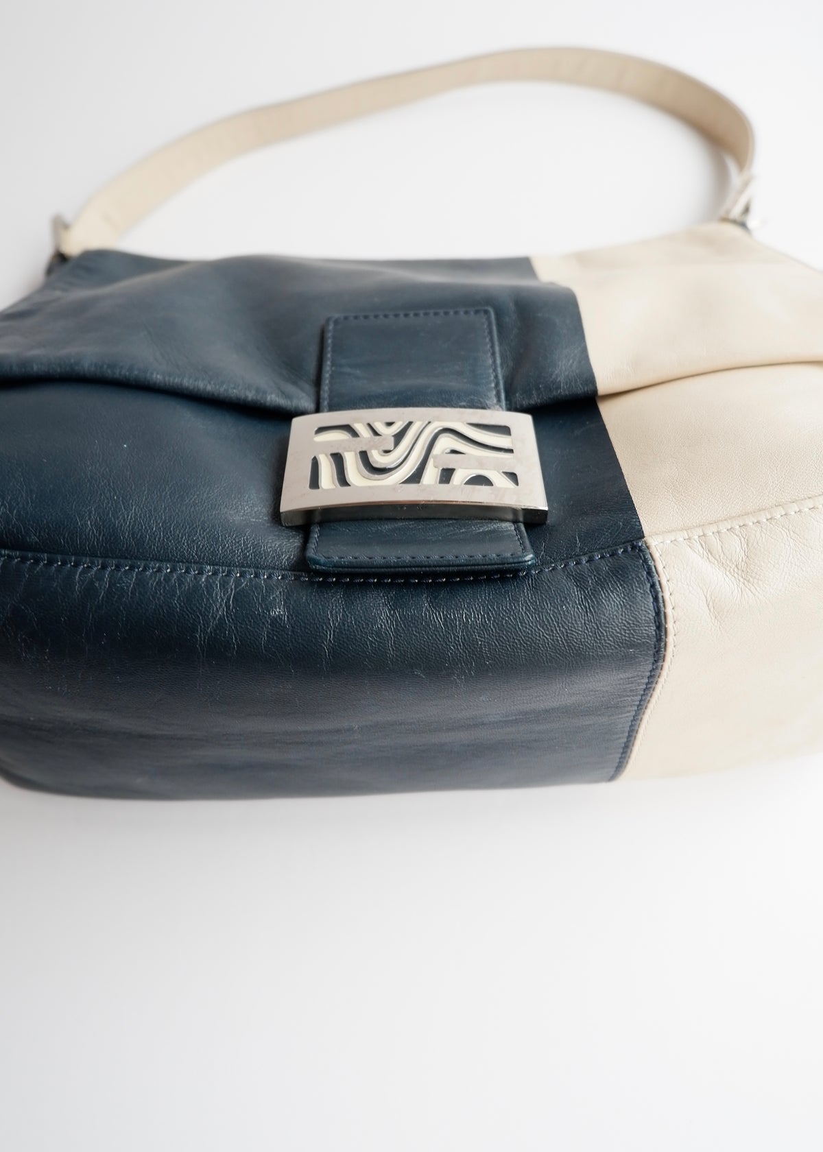 Preowned Fendi Blue/ Beige Leather Mamma Baguette Shoulder Bag
