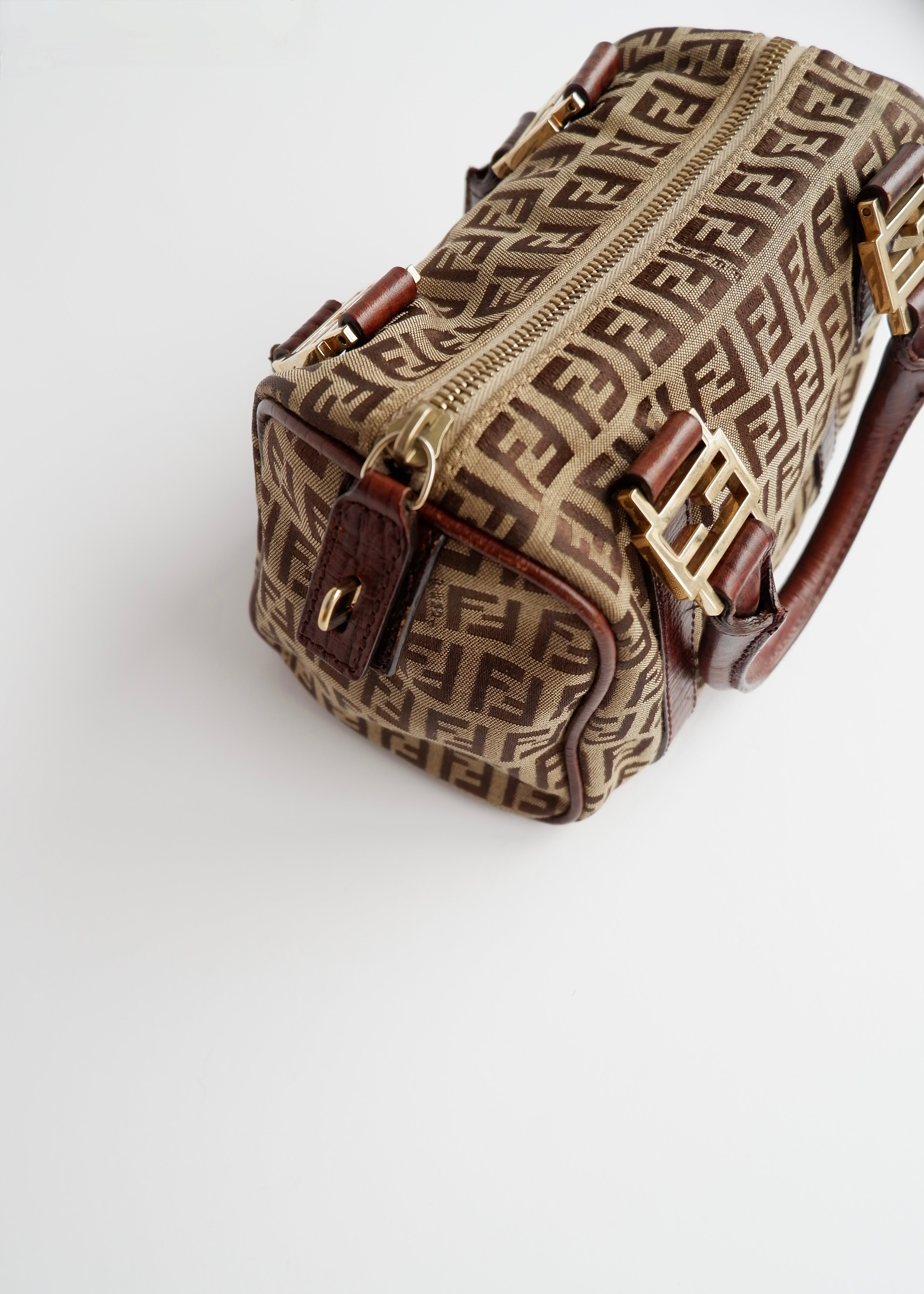 Authentique Sac Boston Fendi Zucchino Toile Marron Petit Forever Bauletto d'occasion