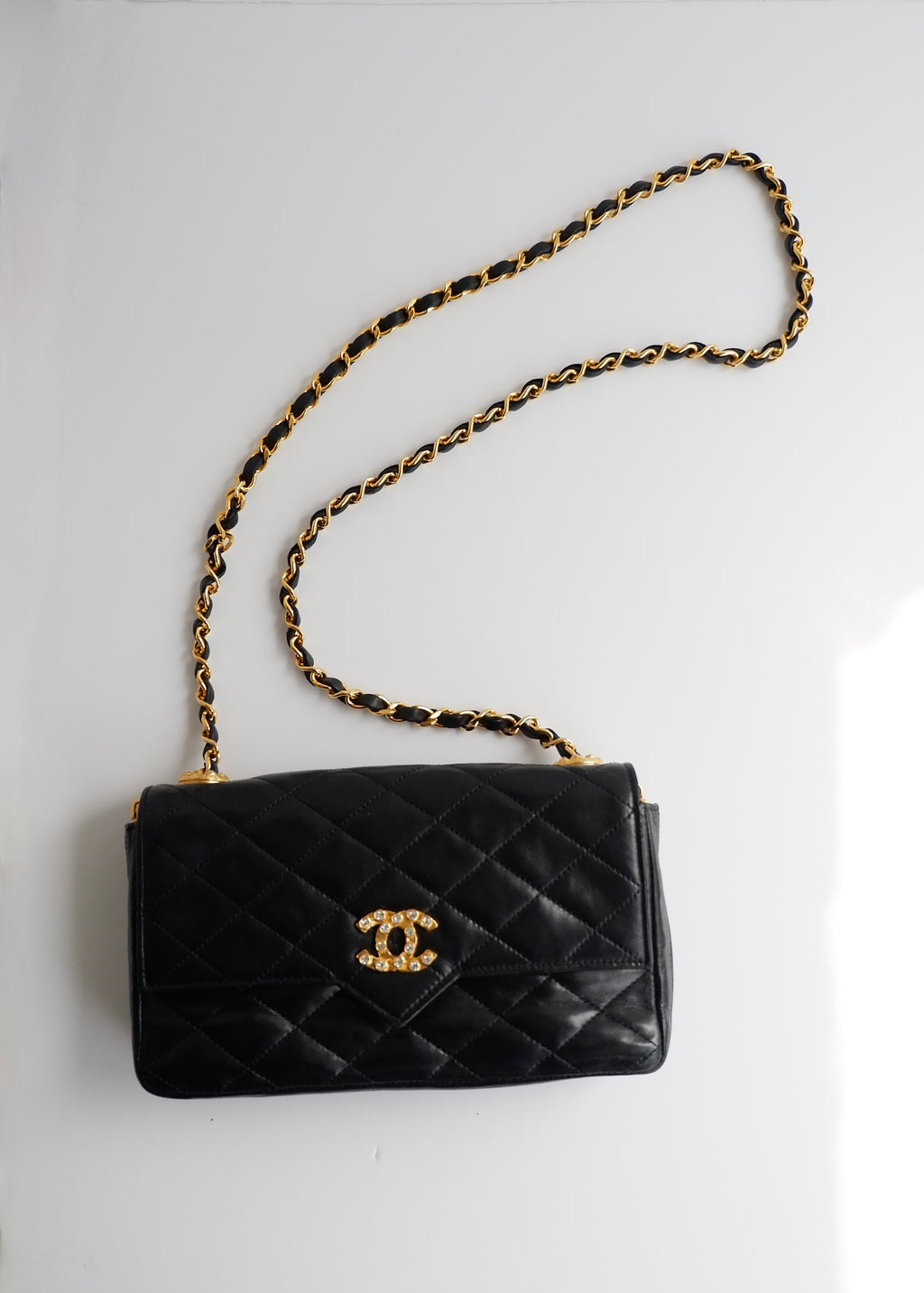 Authentic Preowned Vintage Chanel Black Lambskin Quilted Single Flap Crystal CC Logo Bag GHW