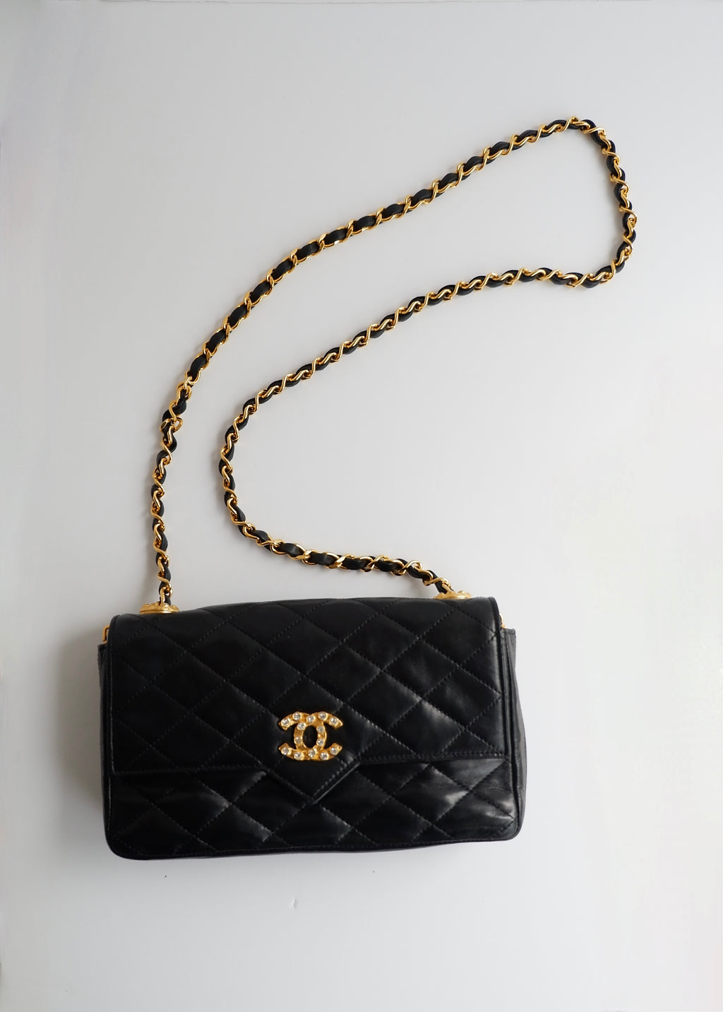 Authentic Preowned Vintage Chanel Black Lambskin Quilted Single Flap Crystal CC Logo Bag GHW