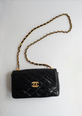 Authentic Preowned Vintage Chanel Black Lambskin Quilted Single Flap Crystal CC Logo Bag GHW