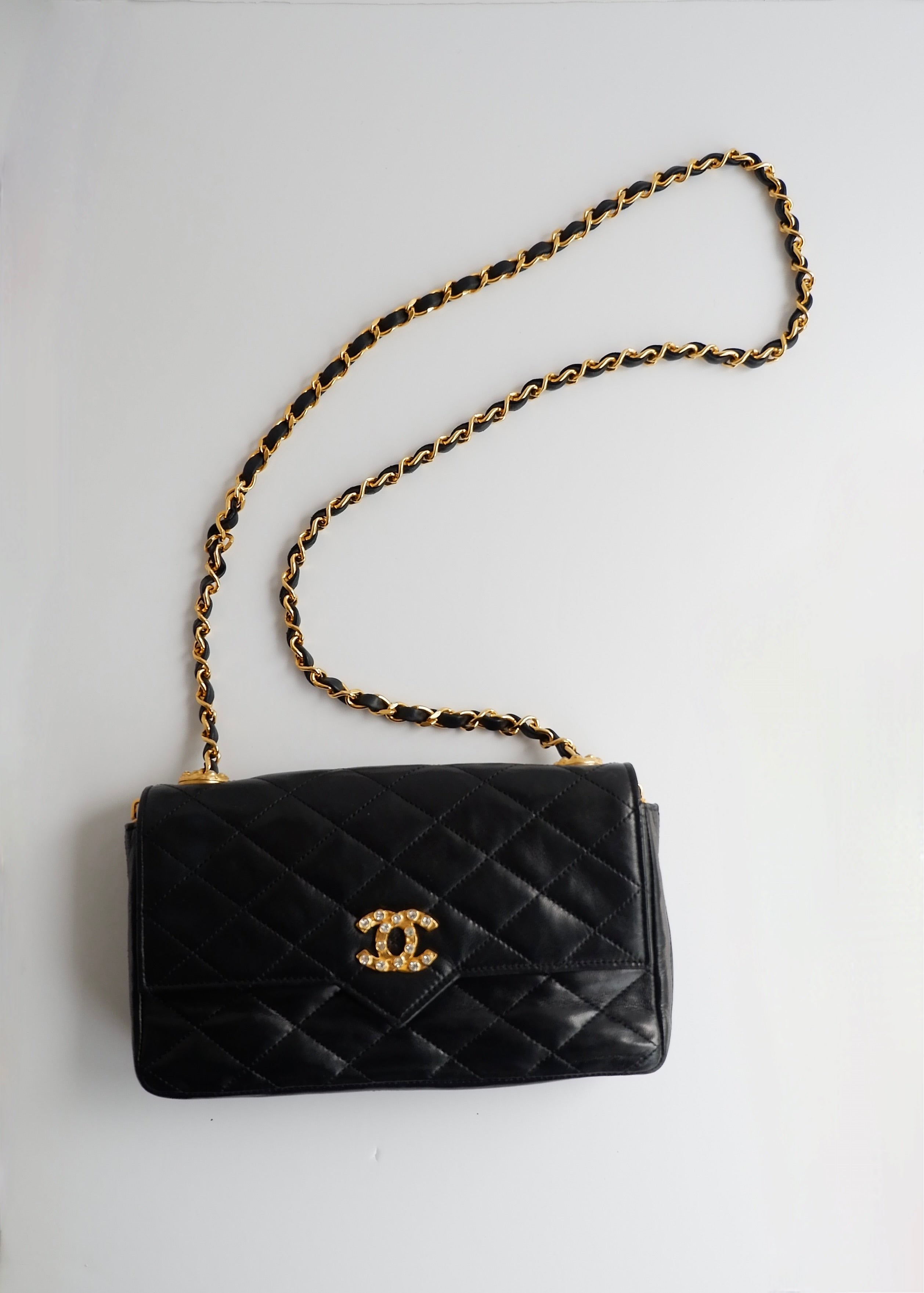 Authentic Preowned Vintage Chanel Black Lambskin Quilted Single Flap Crystal CC Logo Bag GHW