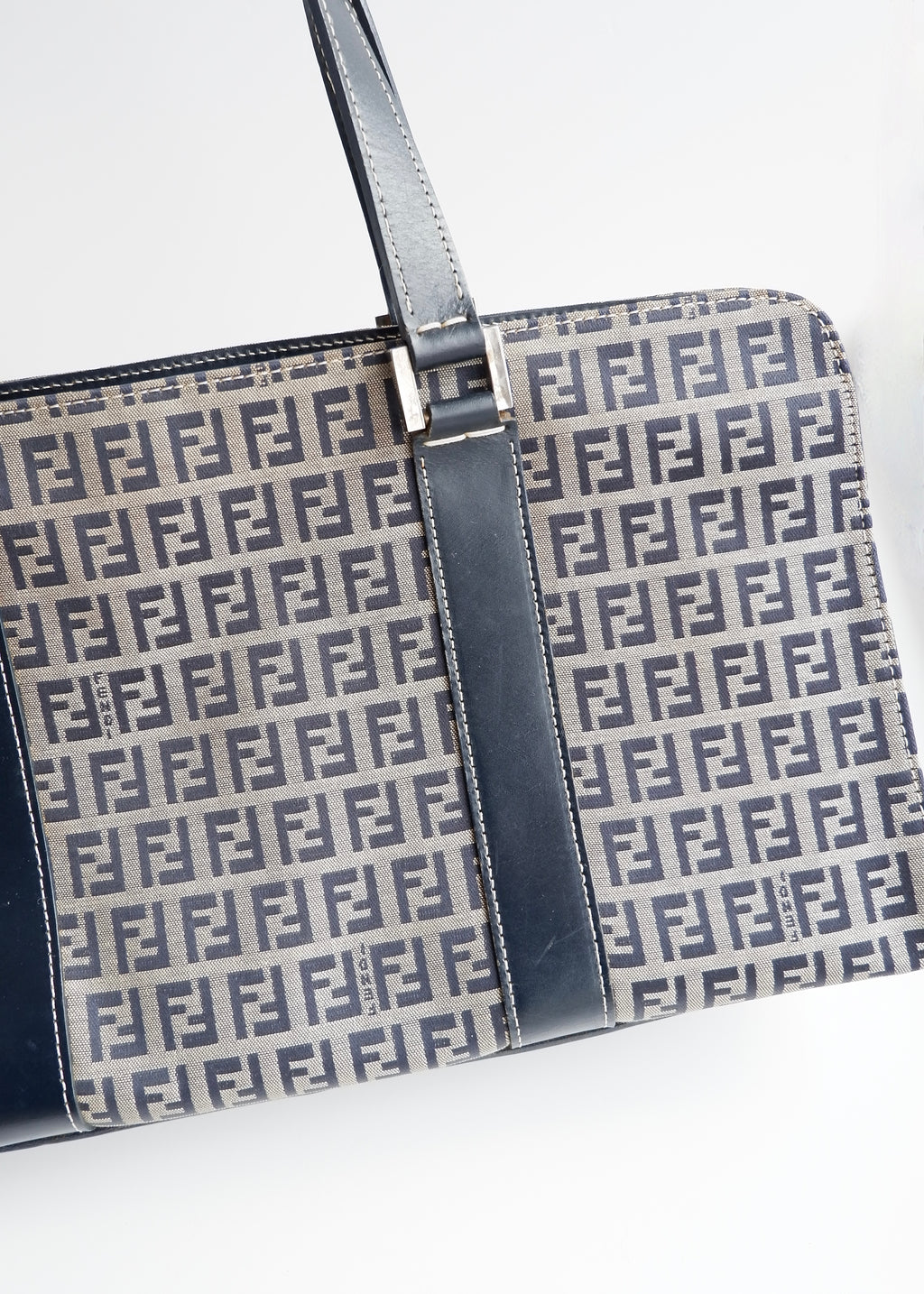 Authentic Preowned Vintage Fendi Navy Zucchino East West Shoulder Bag