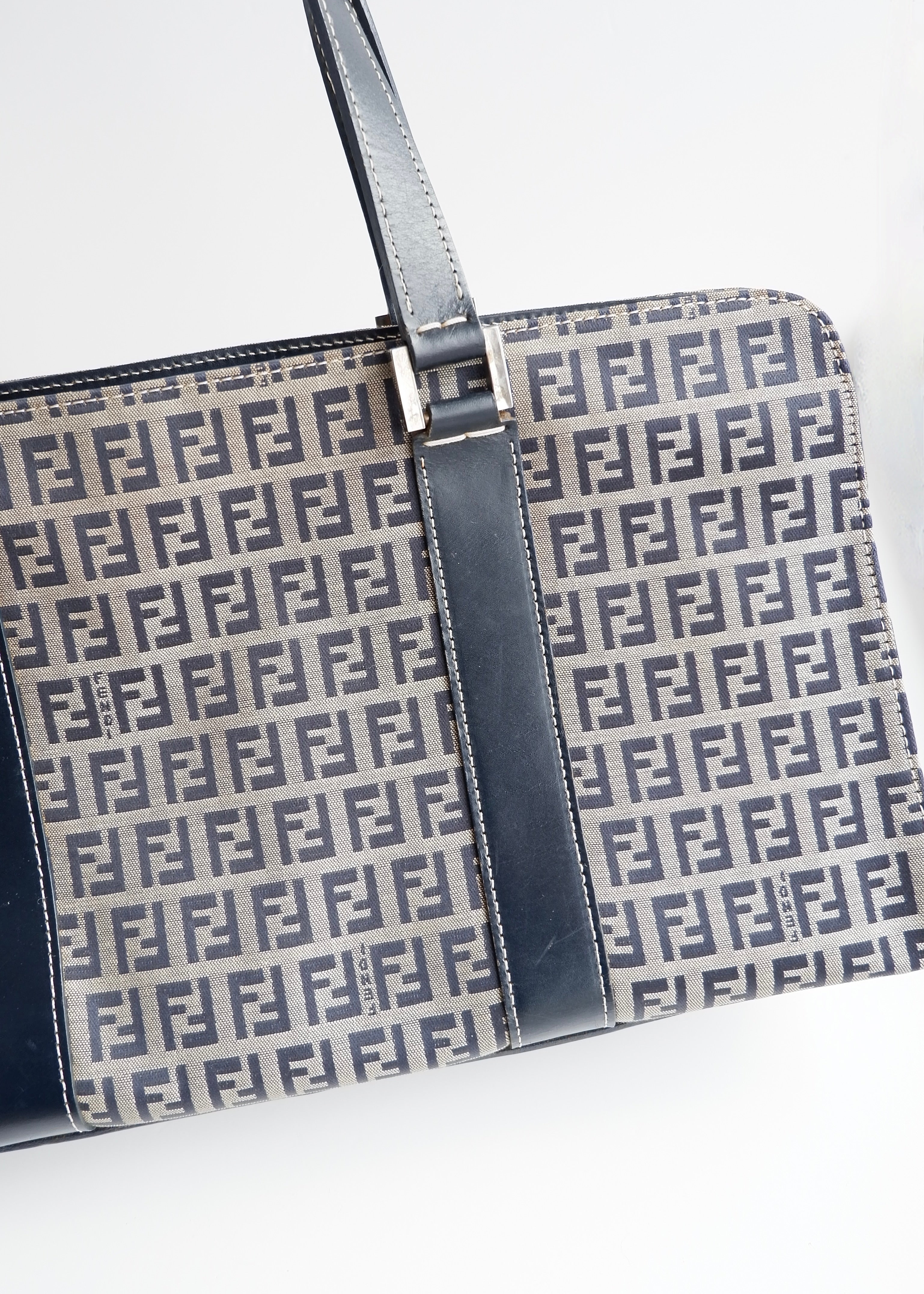 Authentic Preowned Vintage Fendi Navy Zucchino East West Shoulder Bag
