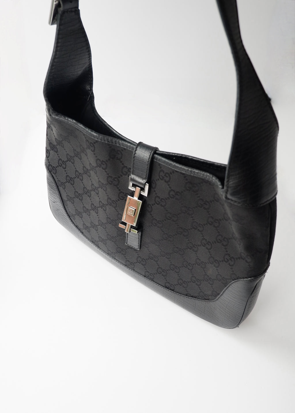 Preowned Gucci Black GG Canvas/ Leather Jackie Shoulder Bag